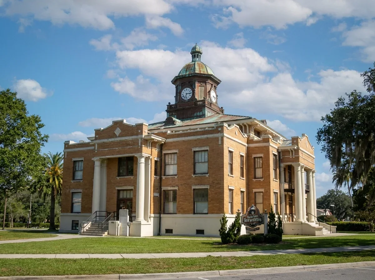 The historic downtown courthouse building in Inverness, FL, showcasing its weathered copper clock tower roof and classic brick architecture.