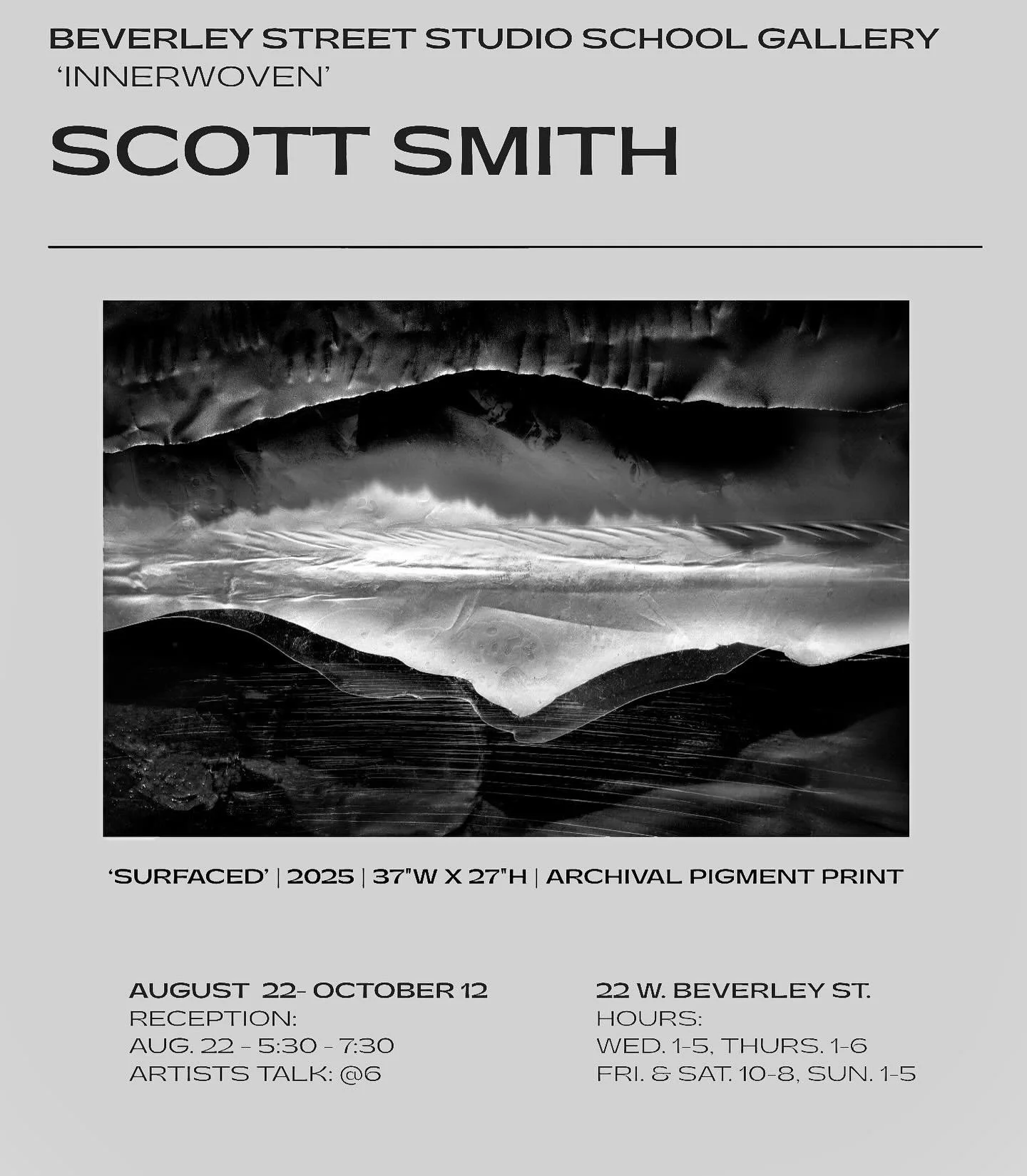 Upcoming exhibition: INNERWOVEN @ The Beverly Street Studio School Gallery in Staunton, VA  Aug 22 &ndash; Oct 12  Reception: 8/22  5:30 &ndash; 7:30 
#scottfsmithstudio @mcguffeyartcenter #mcguffeyartcenter #photography #artphotograpy #fineartphotog