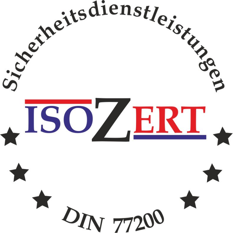 Siegel für ISO-Zertifizierung der Sicherheitstechnologie gemäß DIN 77200, mit schwarzem Text im Kreis, schwarzem Stern-Design, und den Worten 'ISO ZERT' in blau und rot.