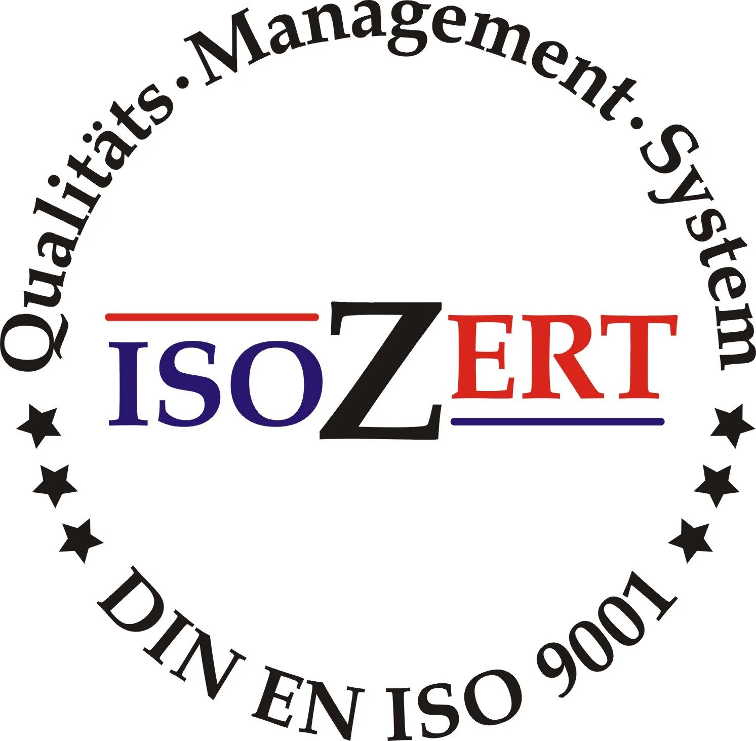 Textlogo mit dem Wort ISO ZERT in der Mitte, umgeben von einem Kreis mit der Aufschrift 'Qualitätsaits. Management. System. DIN EN ISO 9001' und schwarzen Sternen.