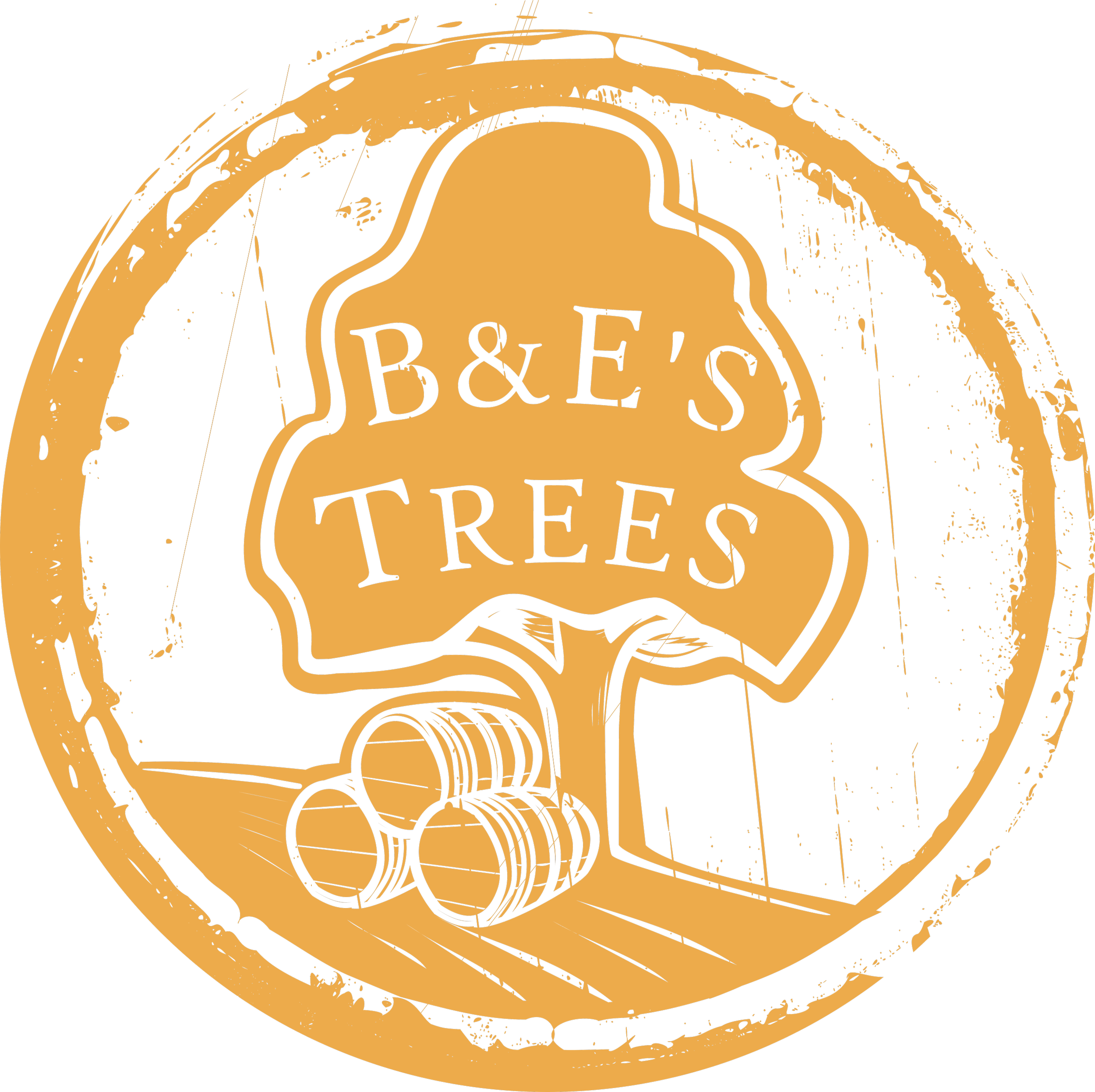Graphic illustration of a barrel with the text 'B&E'S TREES' featuring a silhouette of a tree.