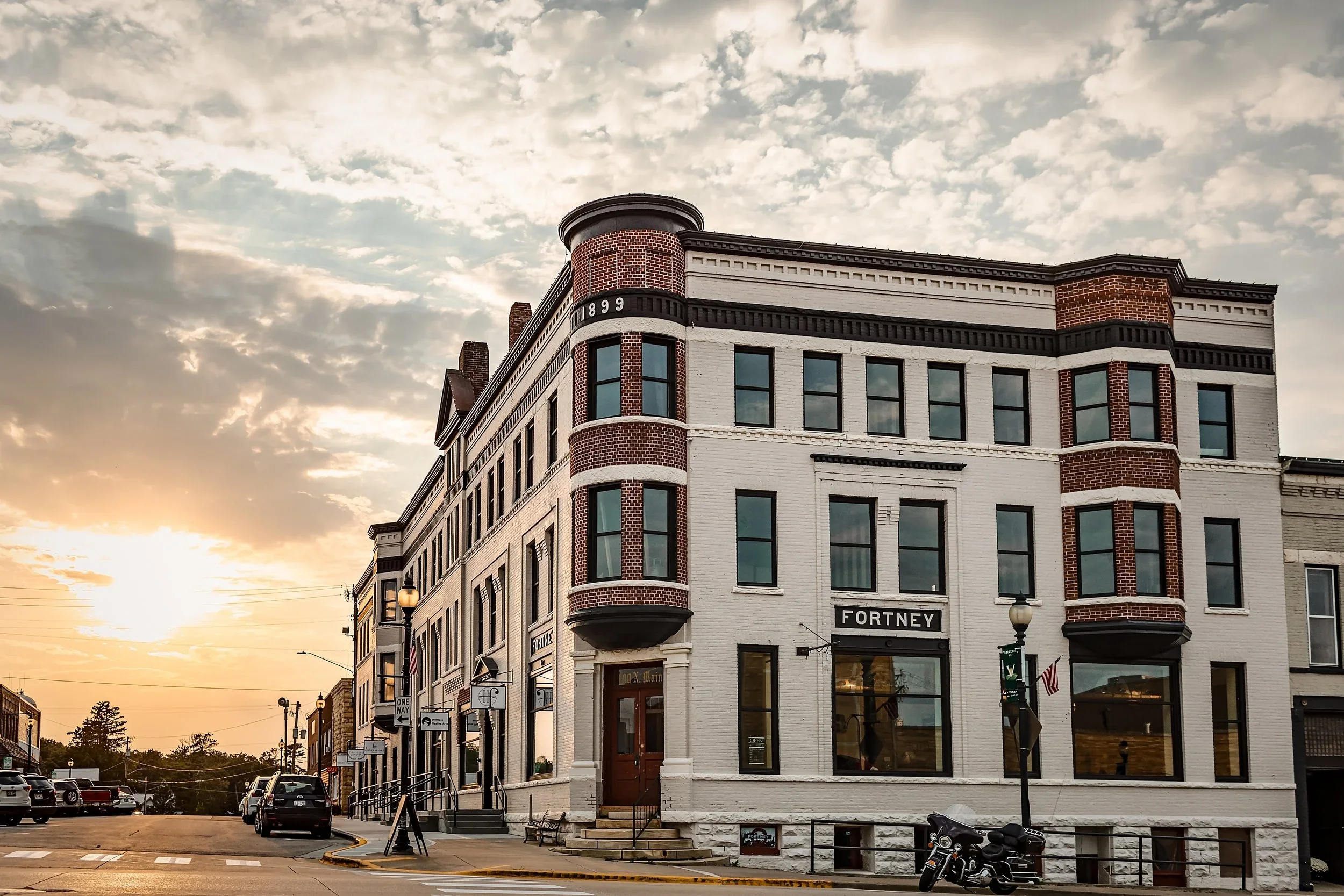 Historic Fortney Hotel at Sunset is a great spot to experience the Driftless region of Wisconsin.
