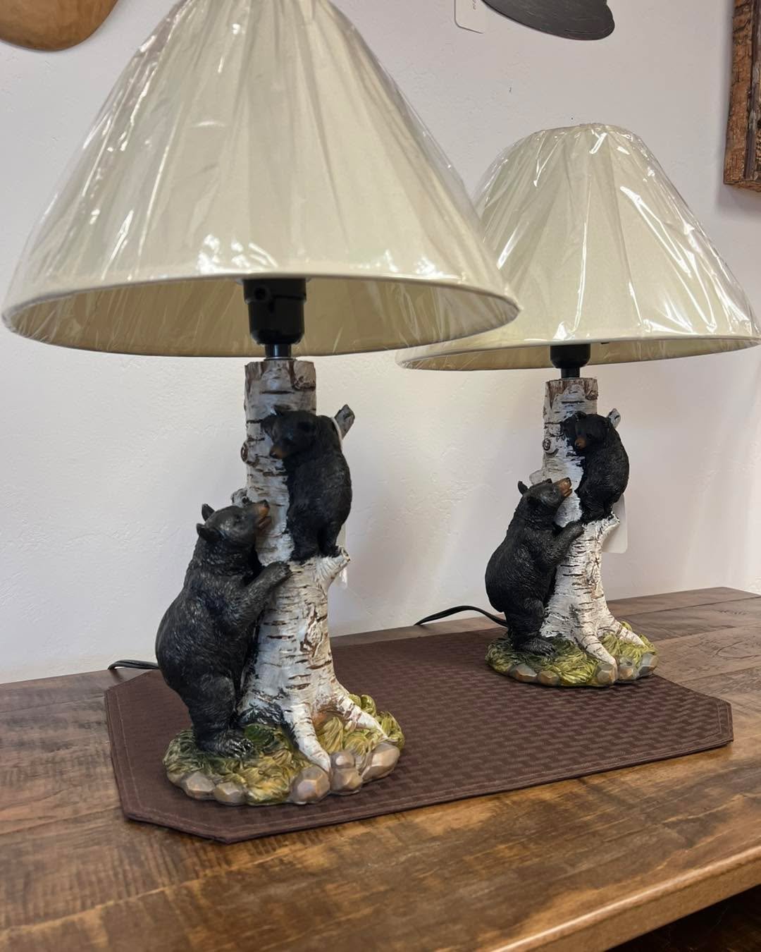 Cute bears on a birchtree lamp.  Perfect for a nightstand.  Available at Rustic Retreat Furniture Lakewood.