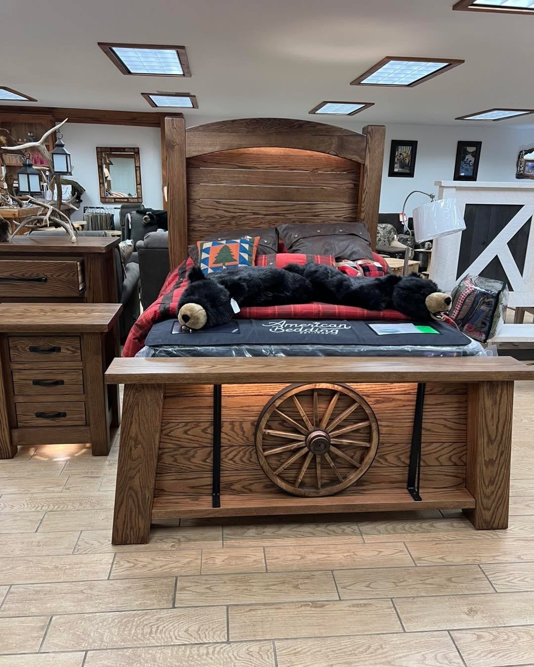 Custom Amish queen size bedroom set.  Posts are 6x6 making it heavy and durable to last a life time.  The nightstand along with the headboard have a touch nightlight.  The dresser drawers are dovetailed with ball bearing gliders for a smooth and quie