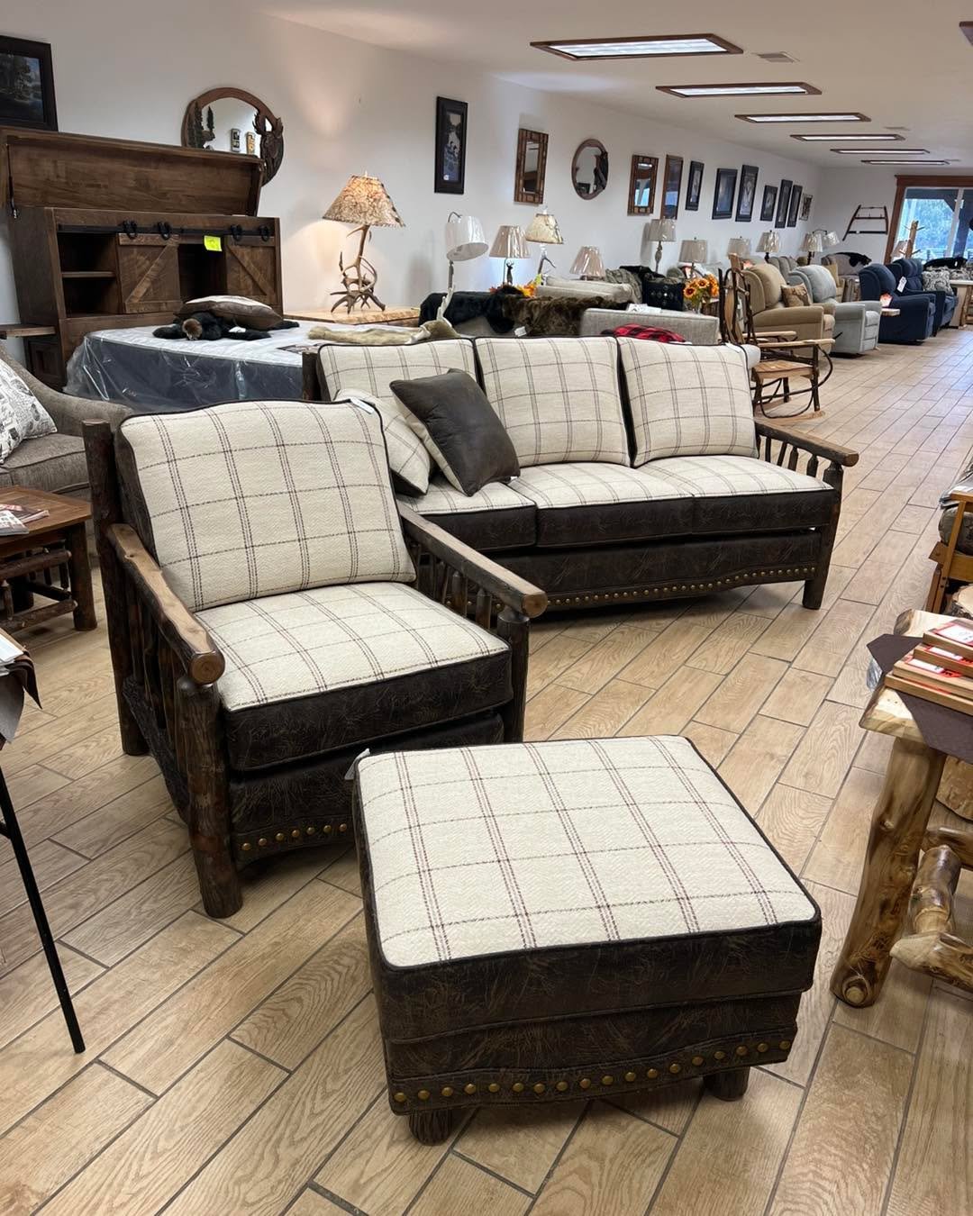 This is a new item from them and Mr. Wayne Fry of Hickory Rockers.  They worked together to produce the beautiful hickory framed sofa, chair and ottoman.  Stop by rustic Retreat Furniture in Lakewood to see it for yourself.