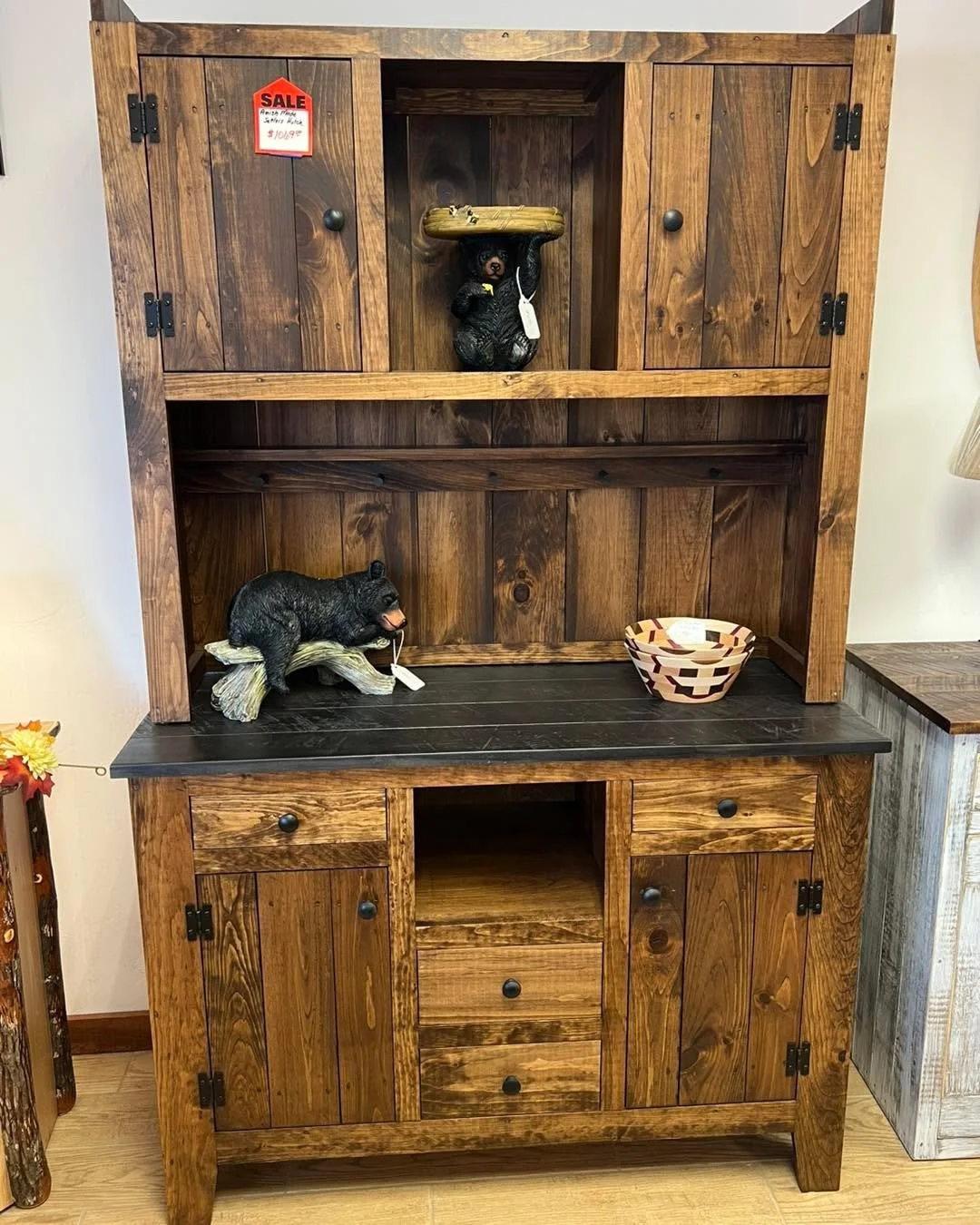 A beautiful, handcrafted, Amish-made Settler's Hutch. Four drawers.  Four cabinets. The same hutch can be ordered in different colors. Come see for yourself at Rustic Retreat Furniture in Lakewood, Wisconsin.