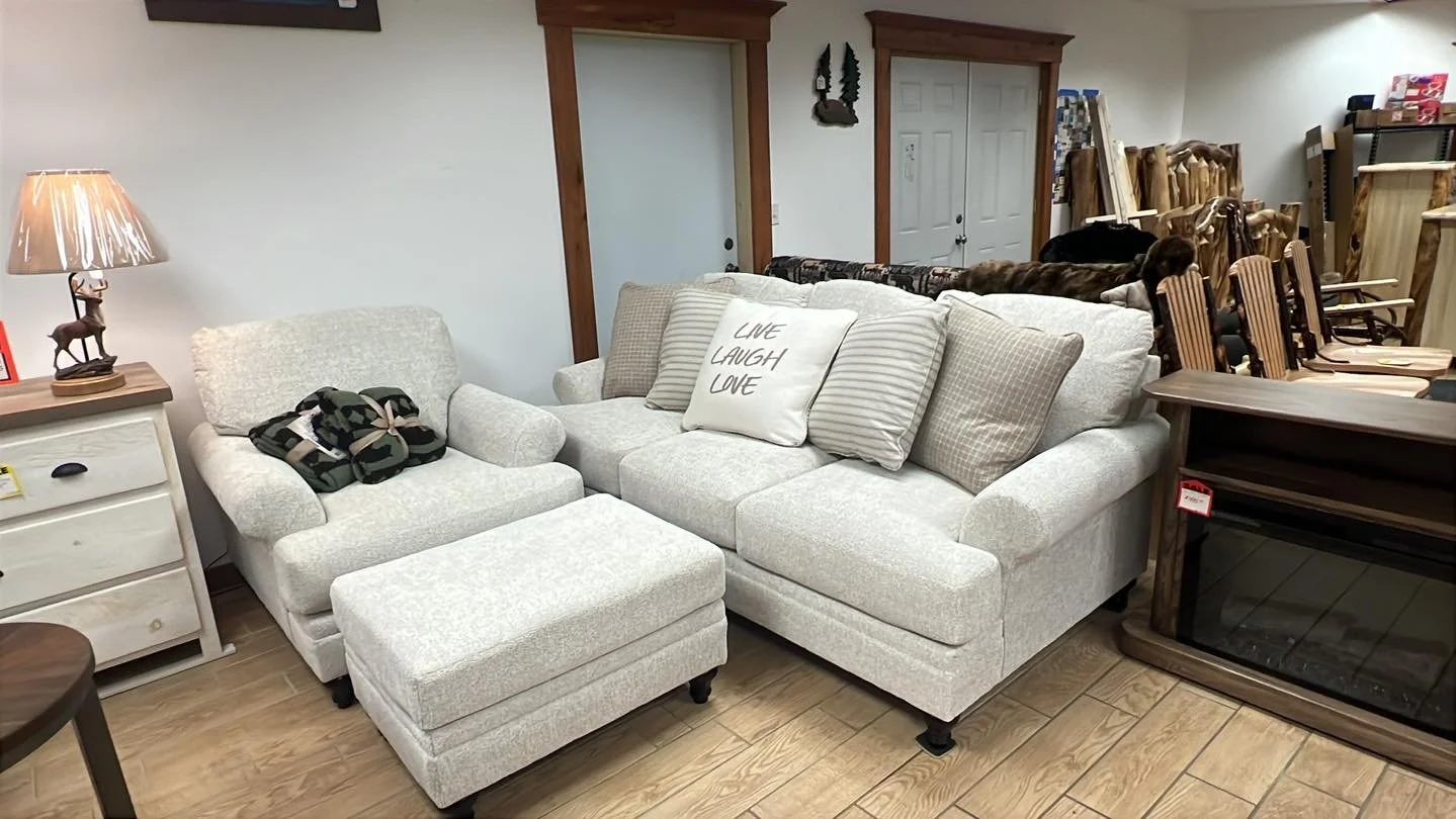 Rustic Retreat Furniture in Lakewood has received new items!! Check this one out&hellip; New sofa and chair with matching ottoman!  It&rsquo;s firm, beautiful and soft.  The pillows are included.  Available to go home with you today!