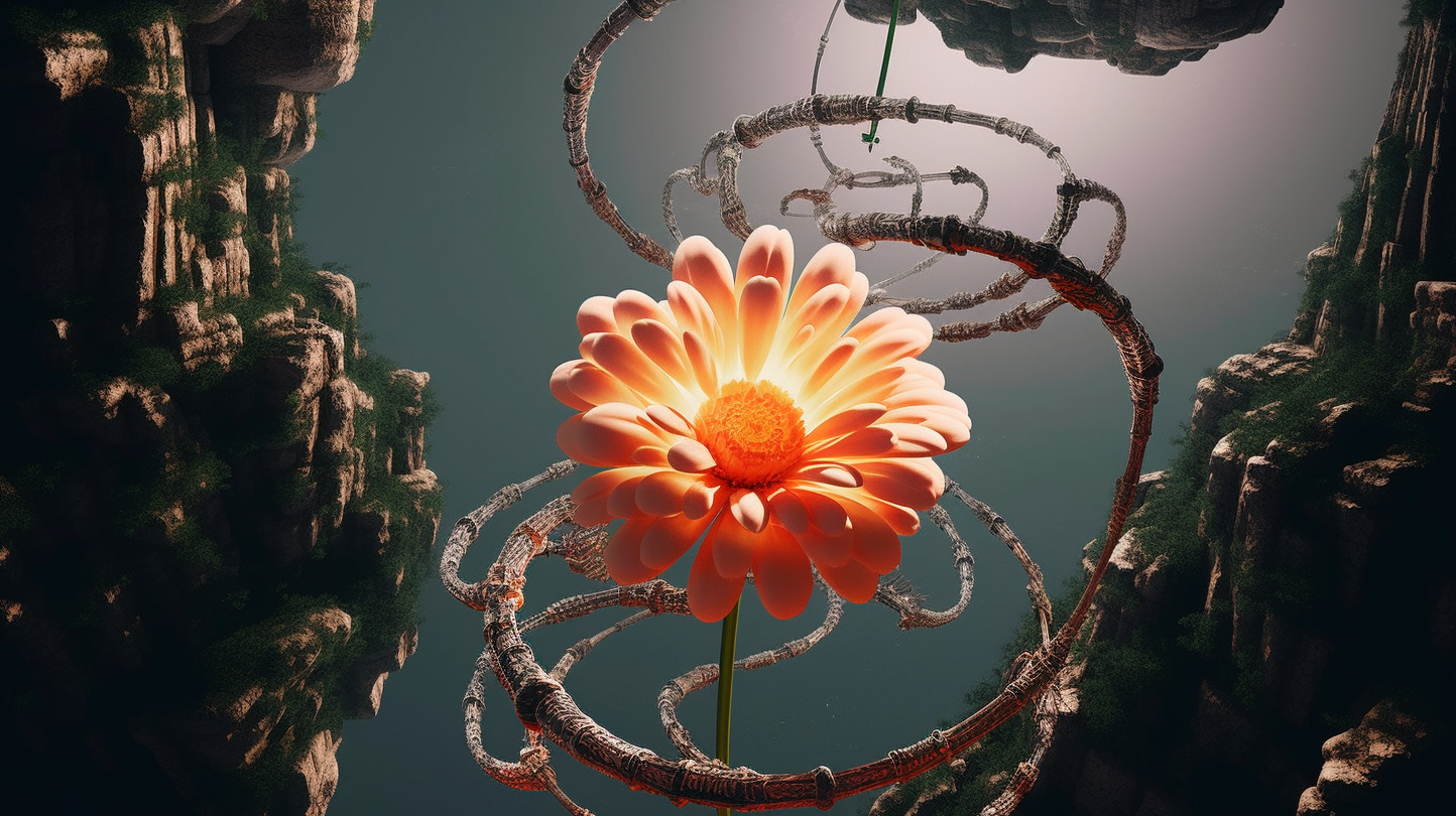 A surreal scene featuring a large, vibrant orange flower floating in a mystical landscape. The flower is surrounded by swirling, textured metal rings. Green cliffs with vegetation frame the background against a soft, glowing sky.