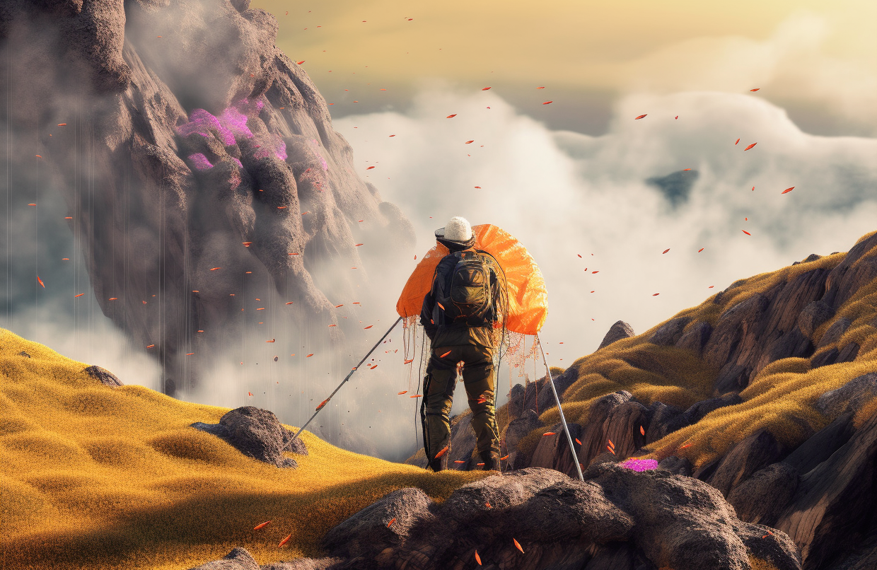 Hiker with backpack and orange parachute standing on a rocky mountain landscape surrounded by clouds and vibrant colors.