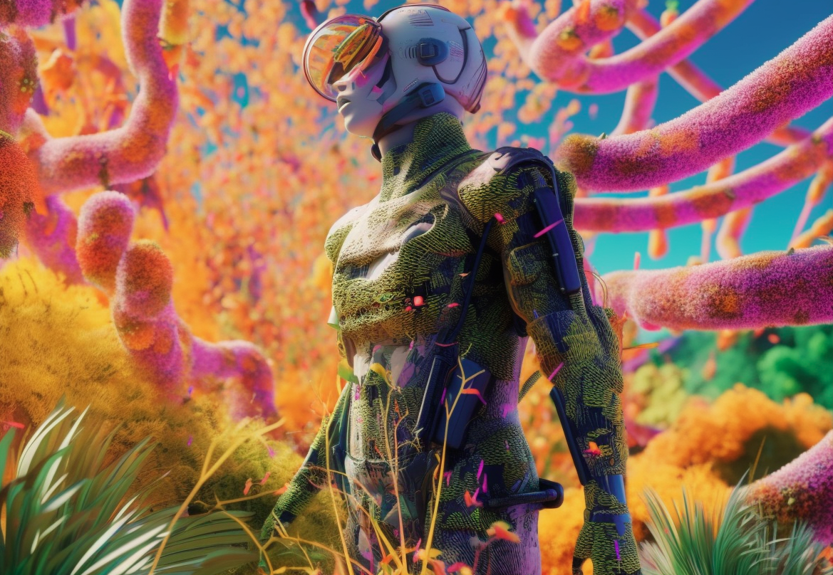 A futuristic character in a helmet and suit stands in a colorful alien landscape with vibrant foliage and round, fuzzy structures.