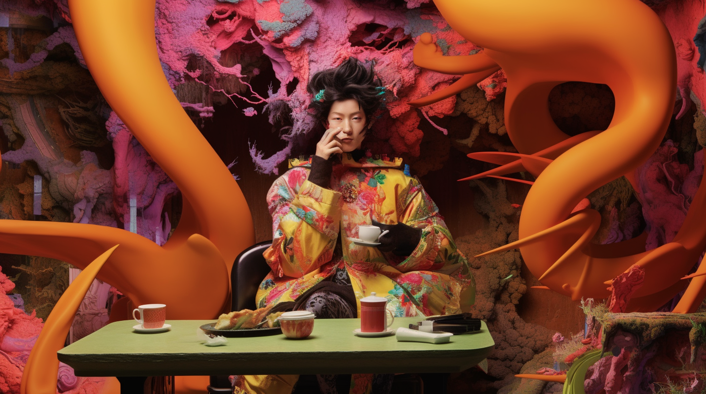 Person in a colorful robe seated at a table with tea set and food, surrounded by surreal, organic shapes in vibrant colors.