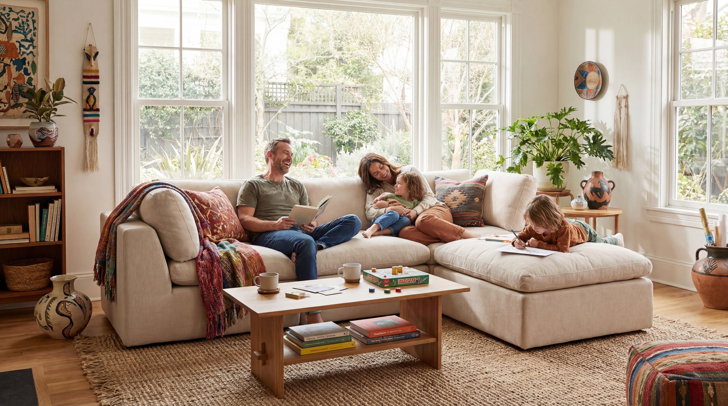 A family enjoying time together in a cozy living room with large windows and natural light, sitting on a cream-colored sectional sofa, playing games and drawing.