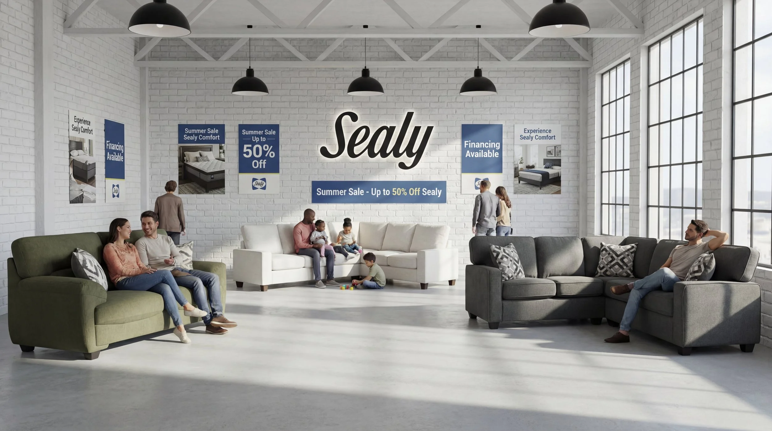 Interior of a furniture store with sofas on display, promotional signs for a summer sale, and people sitting and walking inside.