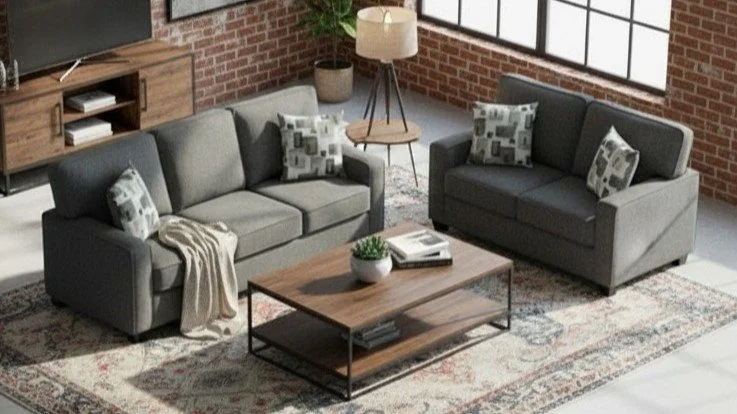 Living room with two gray sofas, a wooden coffee table, a floor lamp, and a patterned area rug, in front of a brick wall and large window.