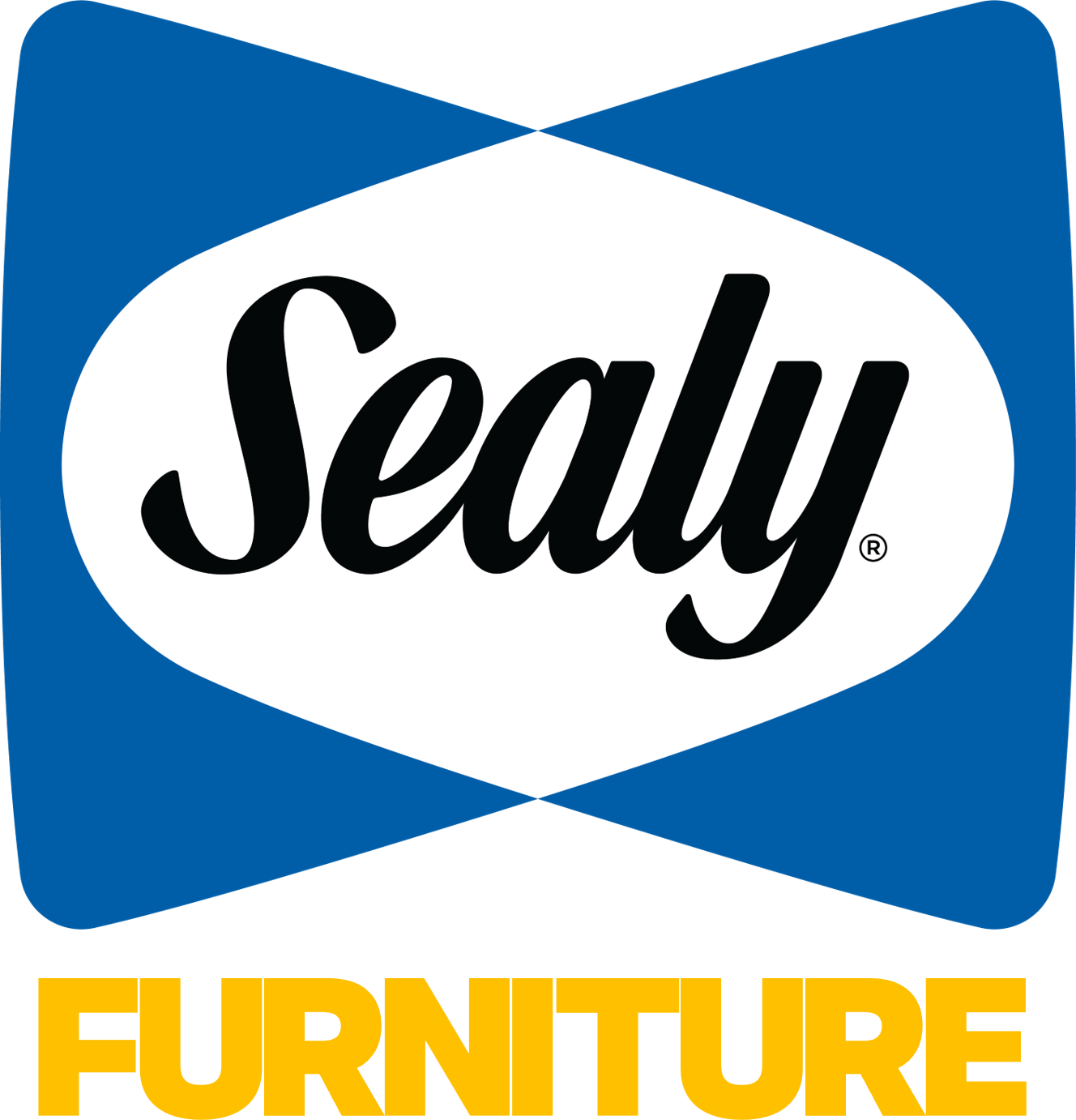 Logo with the word "Sealy" in black cursive text inside a white oval, surrounded by a blue diamond shape, and the word "FURNITURE" in bold yellow letters underneath.