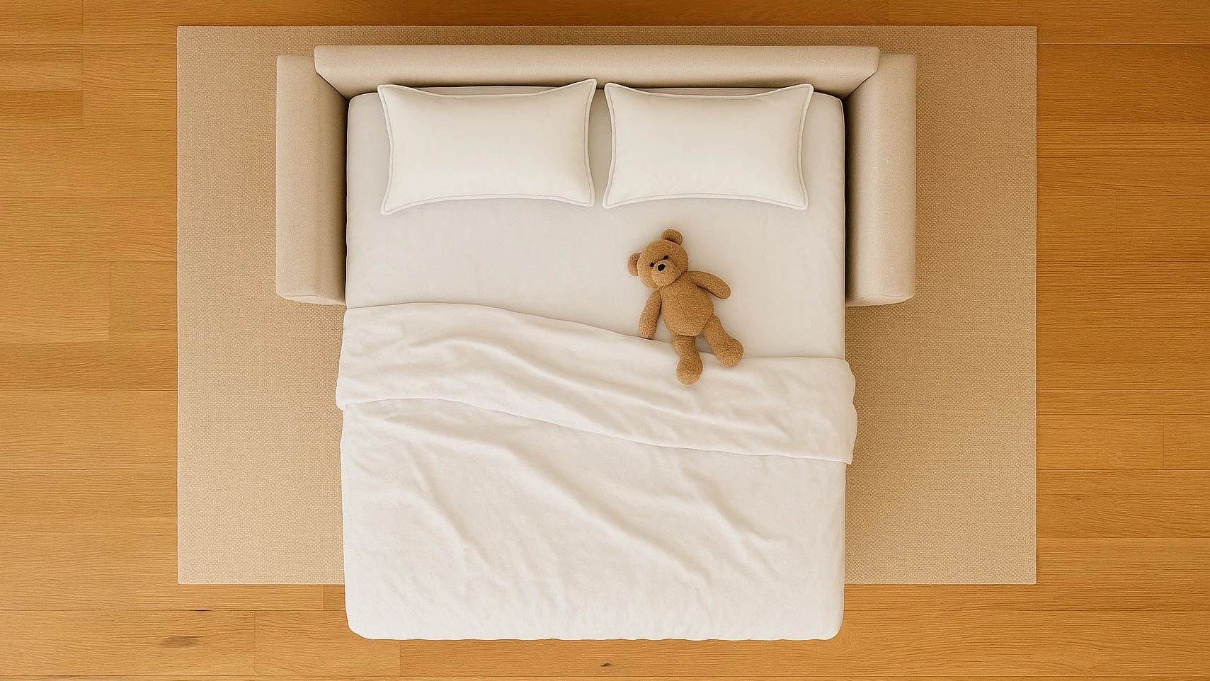 Top-down view of a neatly made bed with white pillows and a teddy bear, on a beige rug on a wooden floor.