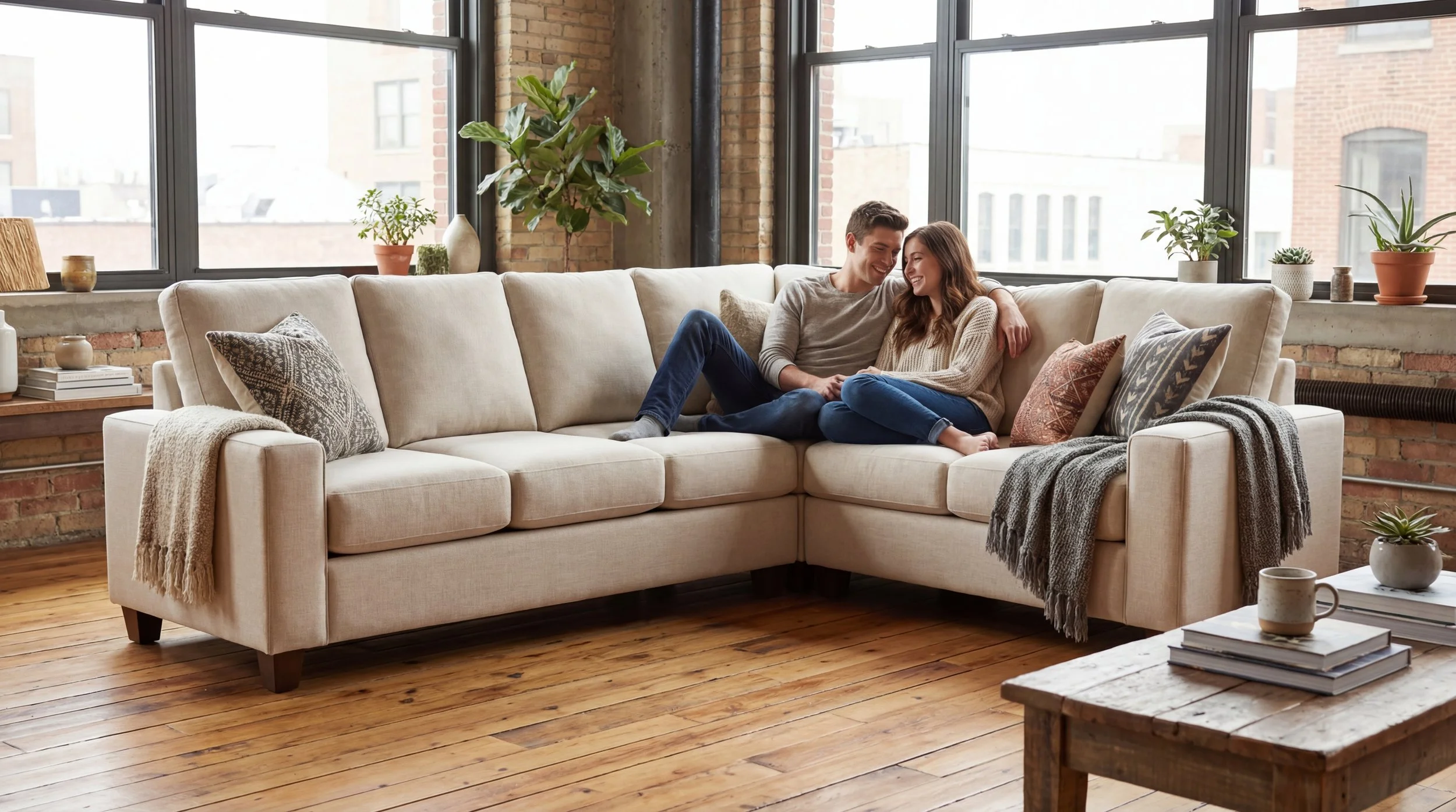 A young couple sitting intimately on a beige sofa in a cozy, modern living room with large windows, brick walls, wooden floors, and potted plants, smiling and enjoying each other's company.