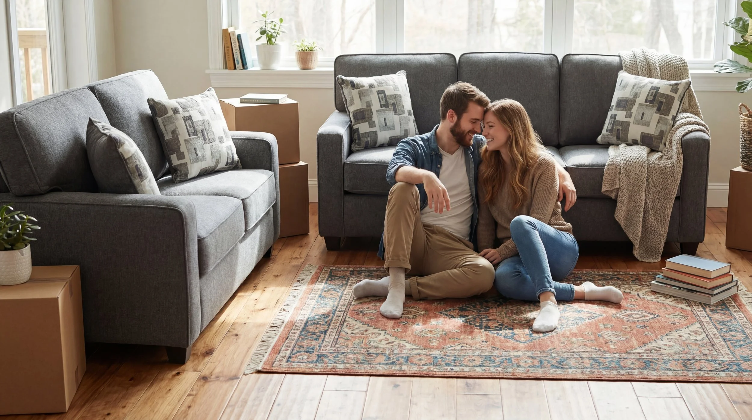 A couple sitting on a colorful area rug in a living room, smiling and leaning close to each other with noses touching. The room has gray sofas with patterned pillows, potted plants, and large windows in the background.