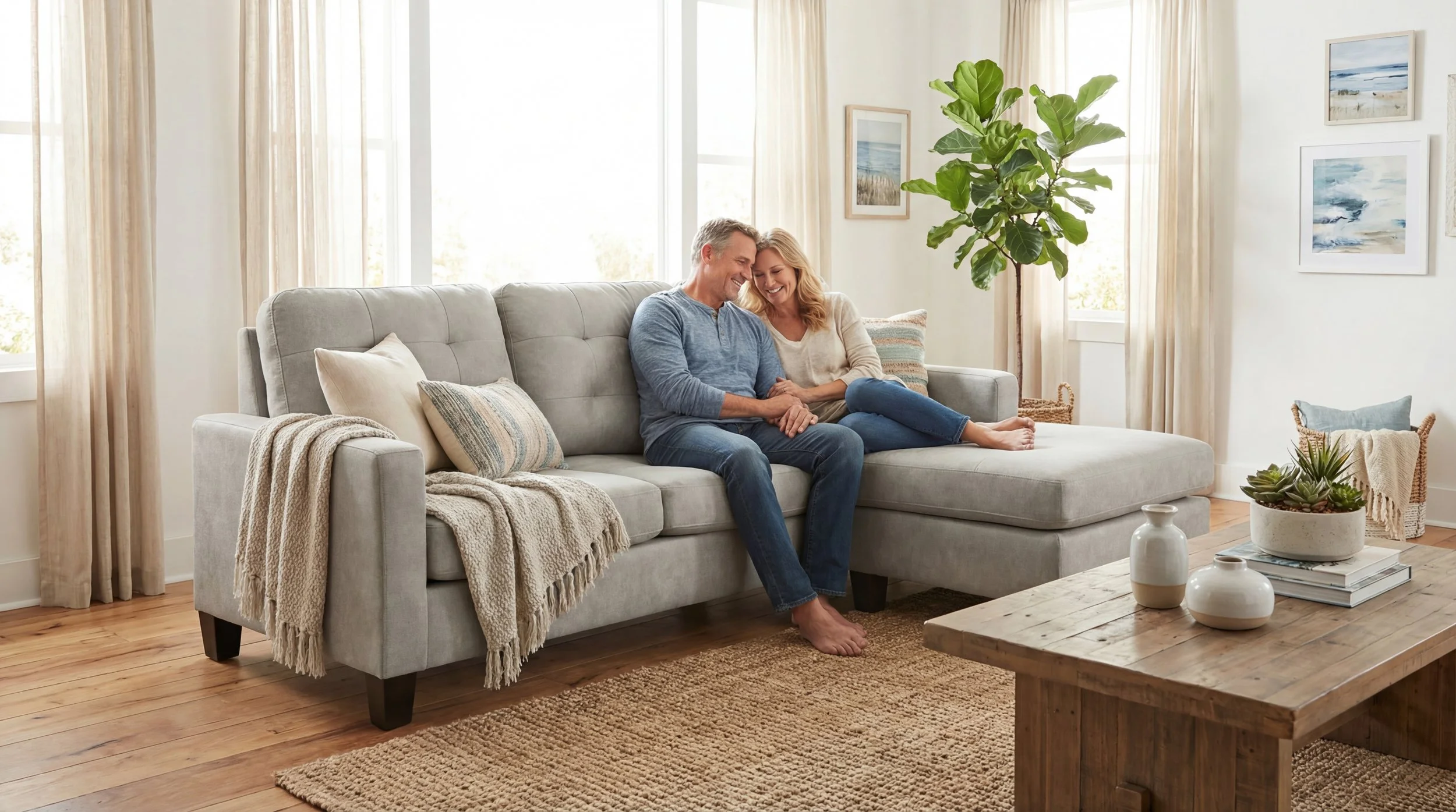 A couple sitting on a light grey sofa in a bright living room, smiling and embracing, with a large green plant beside them and framed artwork on the walls.