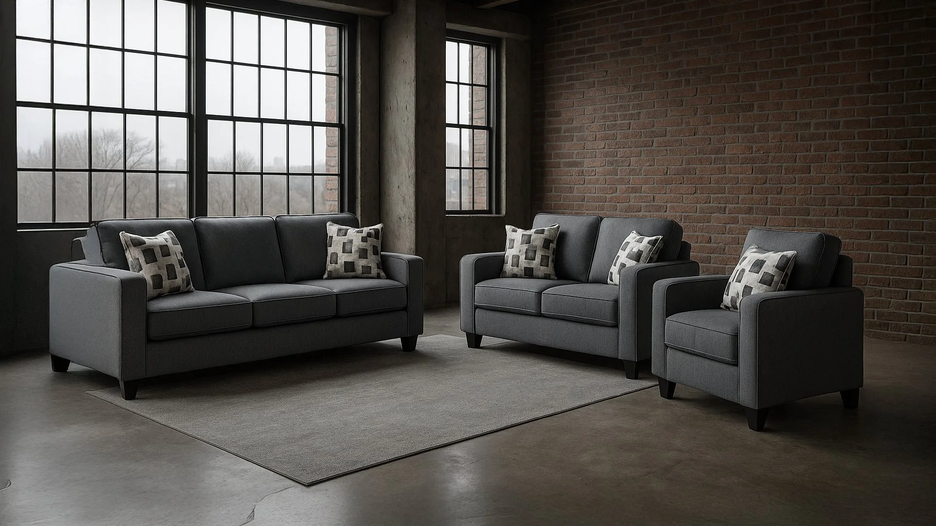 A modern living room with a gray sofa, two matching gray armchairs, each with decorative pillows, facing a large window with black frames, an exposed brick wall, and a gray rug on the concrete floor.