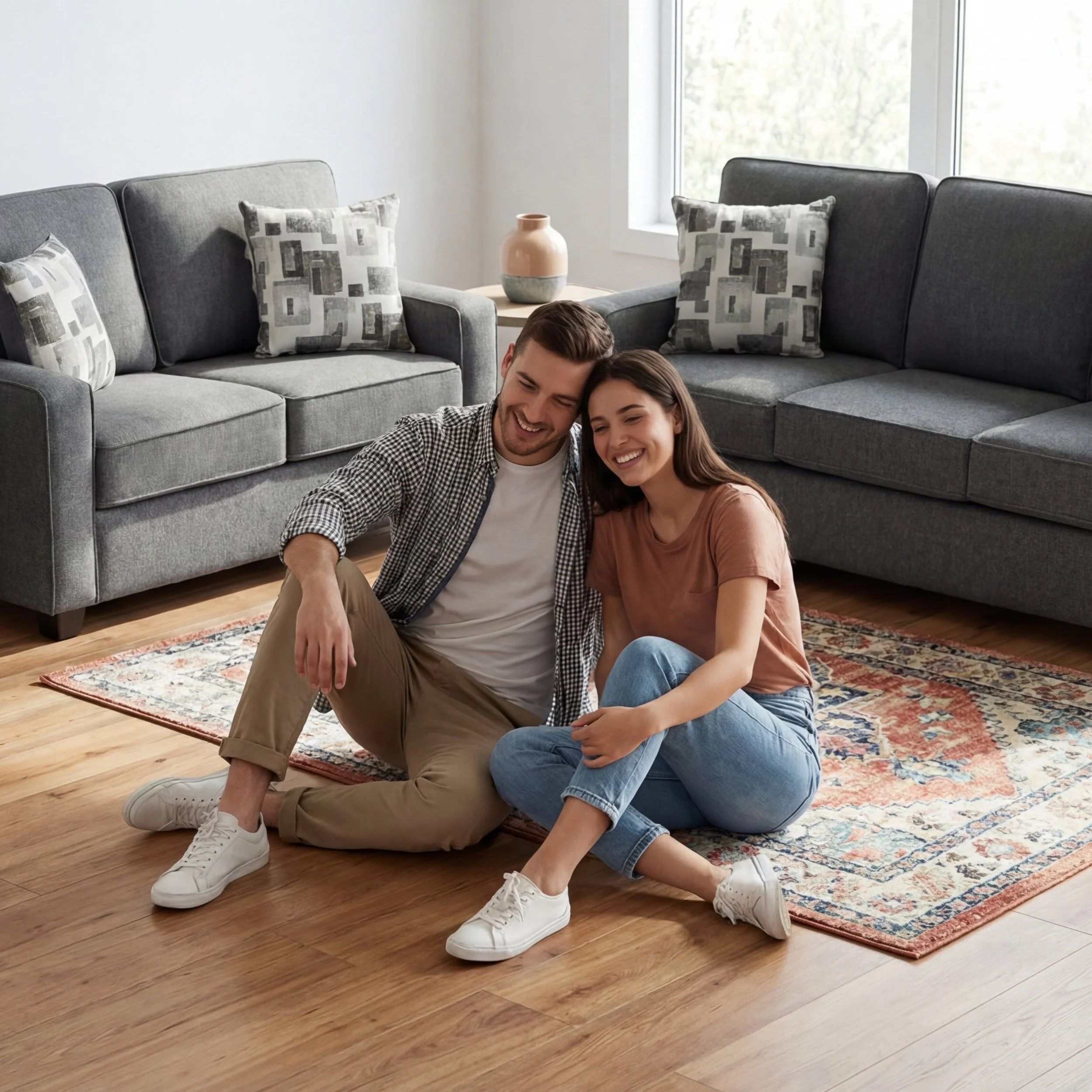 A happy couple sitting on a colorful rug on wooden flooring in a modern living room with grey Sealy sofas, patterned pillows, a window, and a vase on a side table.