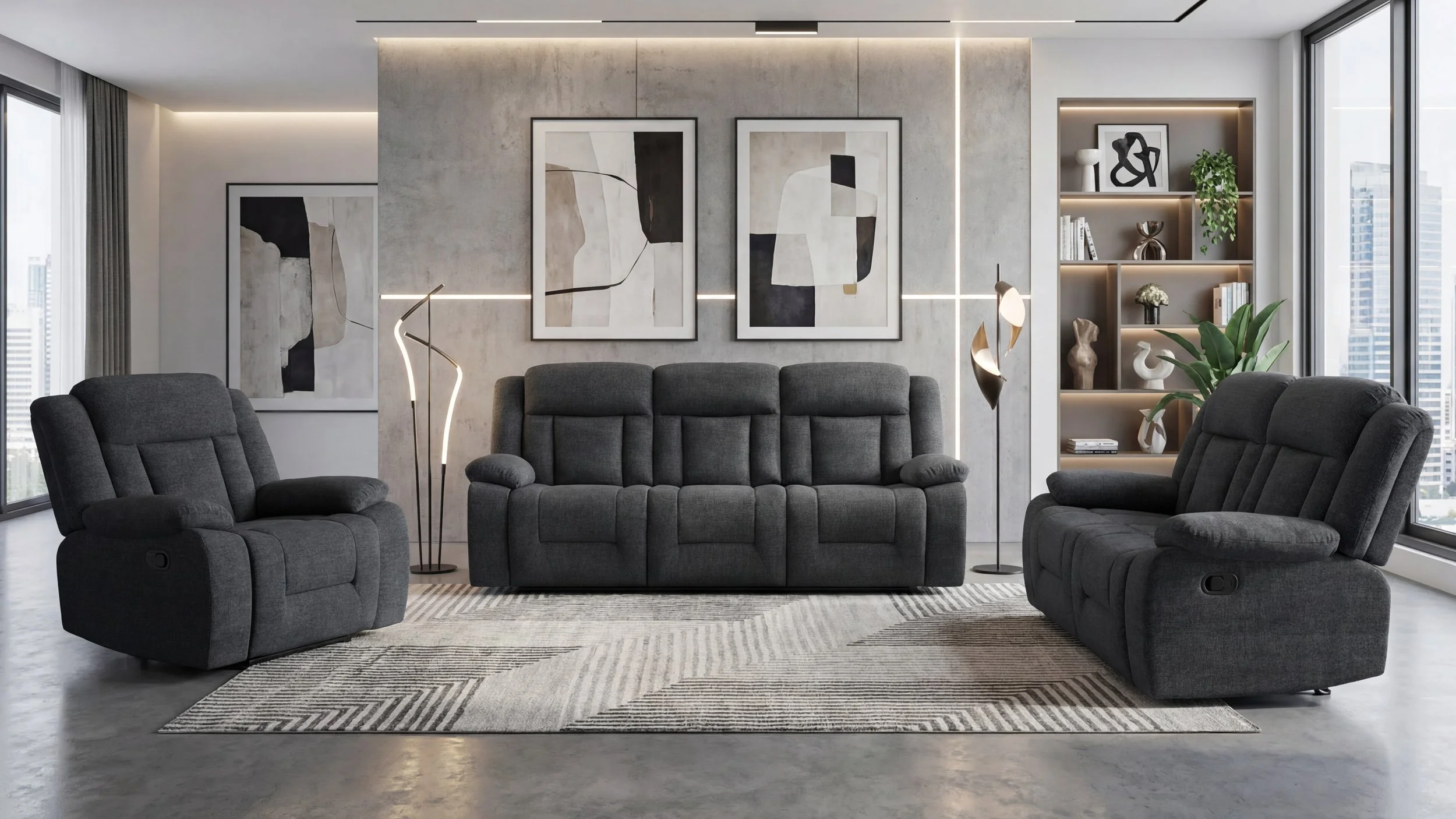 Modern living room with dark gray upholstered sofa and two matching armchairs, large windows with city view, abstract black and white art on wall, decorative shelves with sculptures and plants, patterned area rug, and contemporary floor lamps.