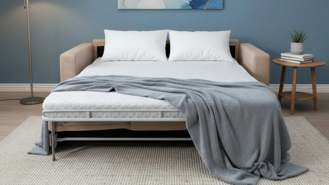 A neatly made bed with white pillows, a beige headboard, and a gray blanket partially folded over a white mattress in a modern bedroom with blue walls, a wooden side table with a potted plant and books, a floor lamp, and a patterned rug.