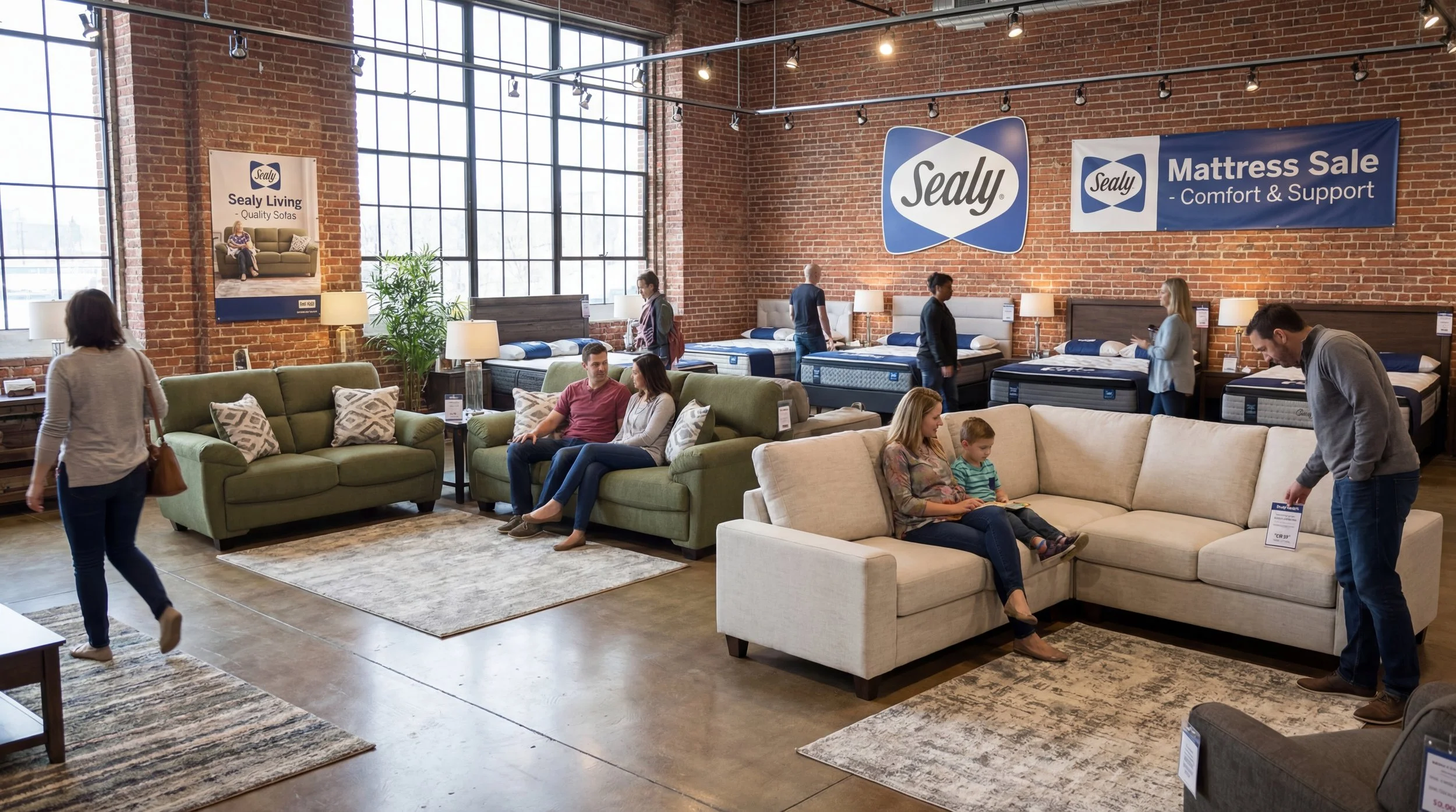 Inside a furniture store showroom with exposed brick walls, large windows, and various mattresses and sofas on display, with people shopping.