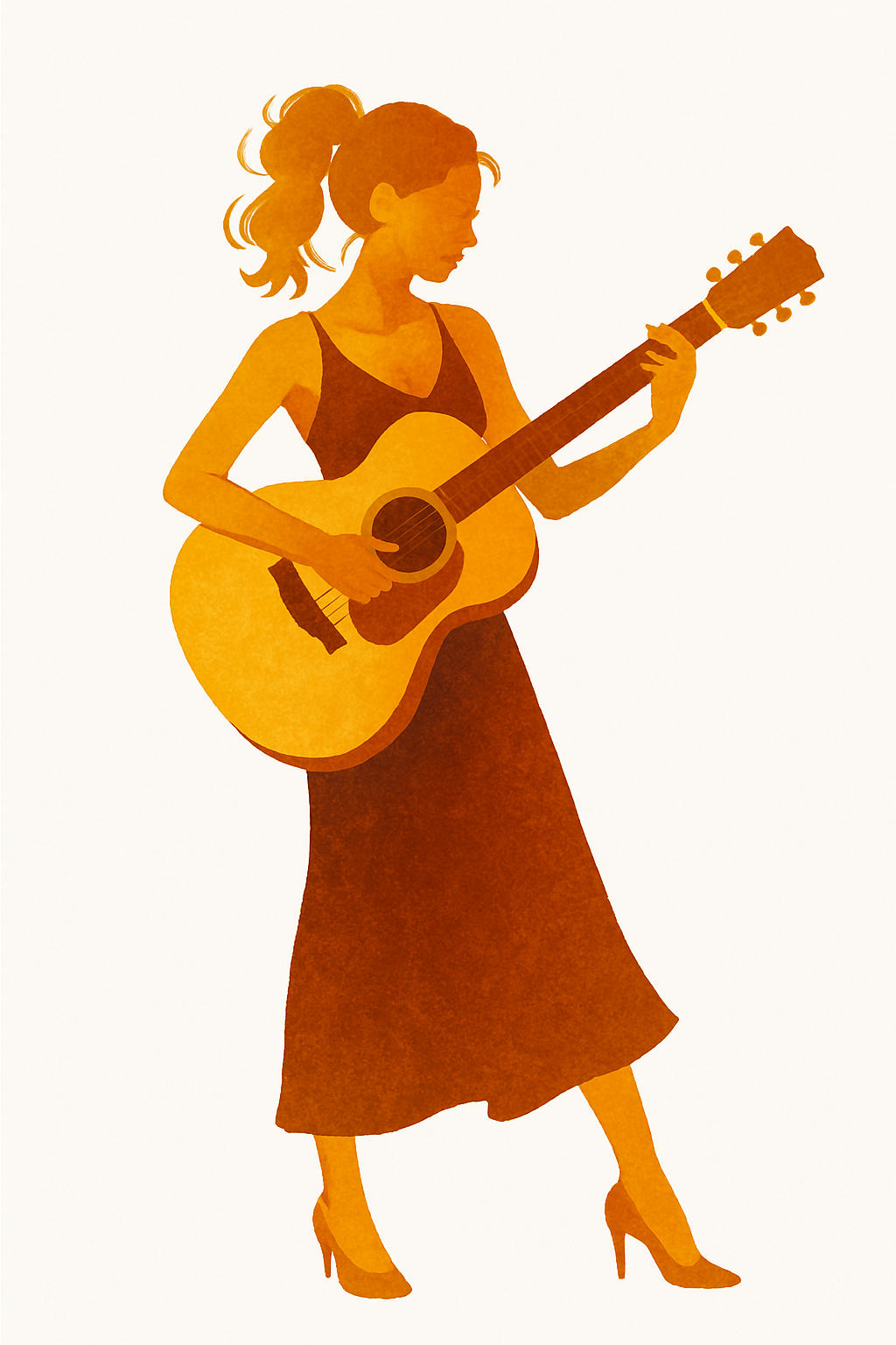 Silhouette of a woman playing an acoustic guitar, wearing a dress and high heels.