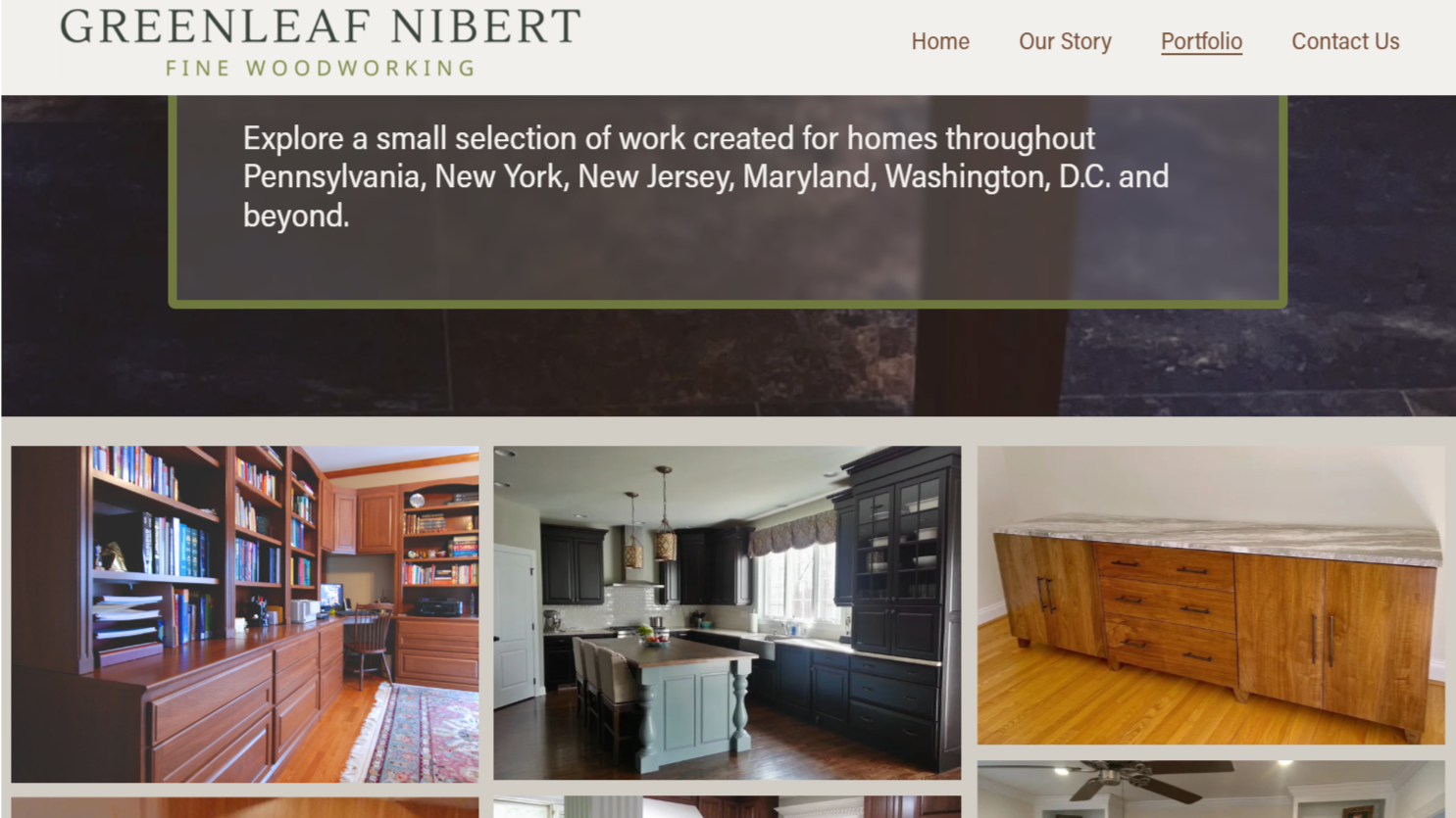 Screenshot of Greenleaf Nibert Fine Woodworking website, featuring a header with navigation links and images of various wood furniture pieces, including a bookshelf, kitchen cabinets, and a sideboard.