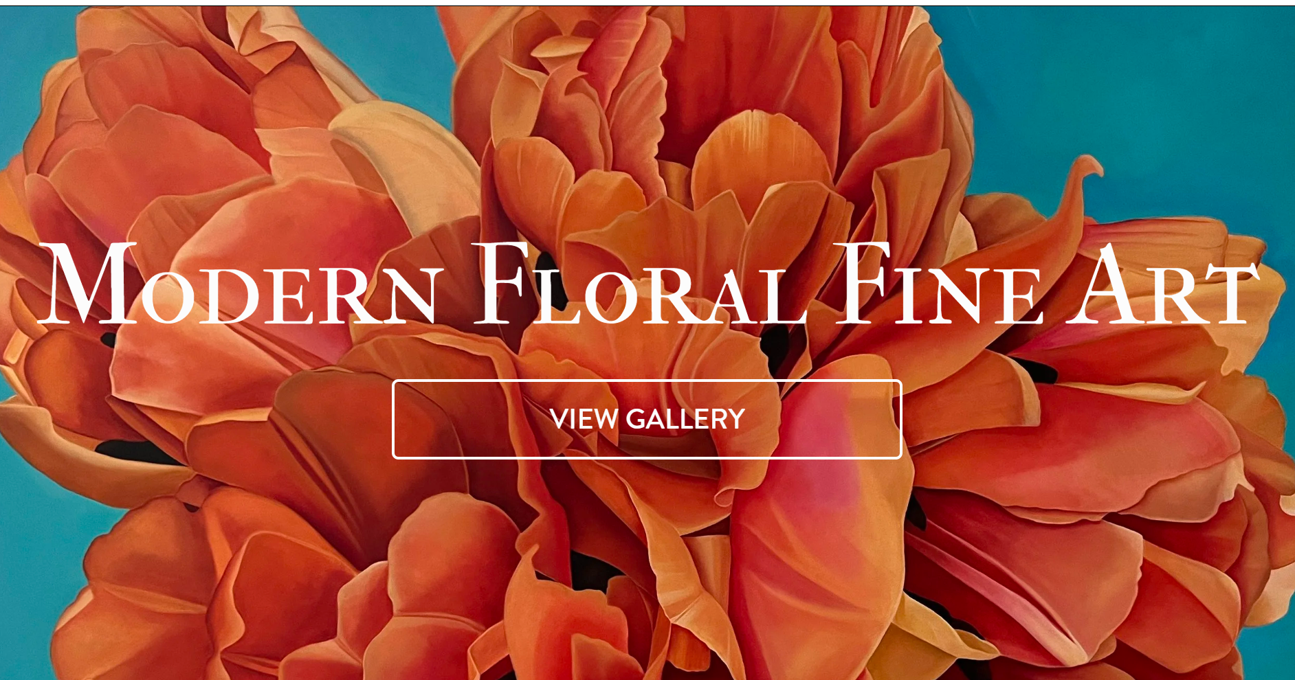 Close-up of a large orange floral arrangement against a blue background with white text reading 'Modern Floral Fine Art' and a button labeled 'View Gallery'.