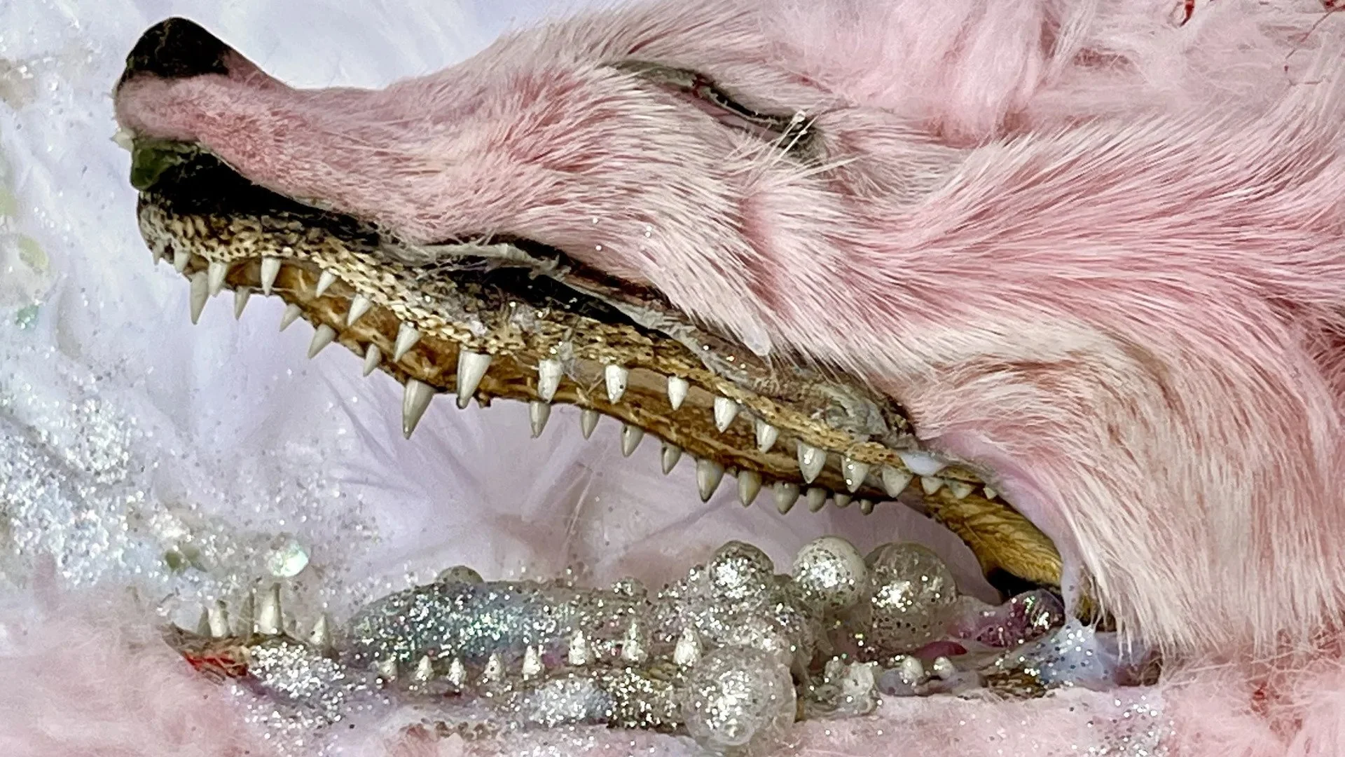 pink taxidermy wolf head with beads, glitter, cloth and yarn