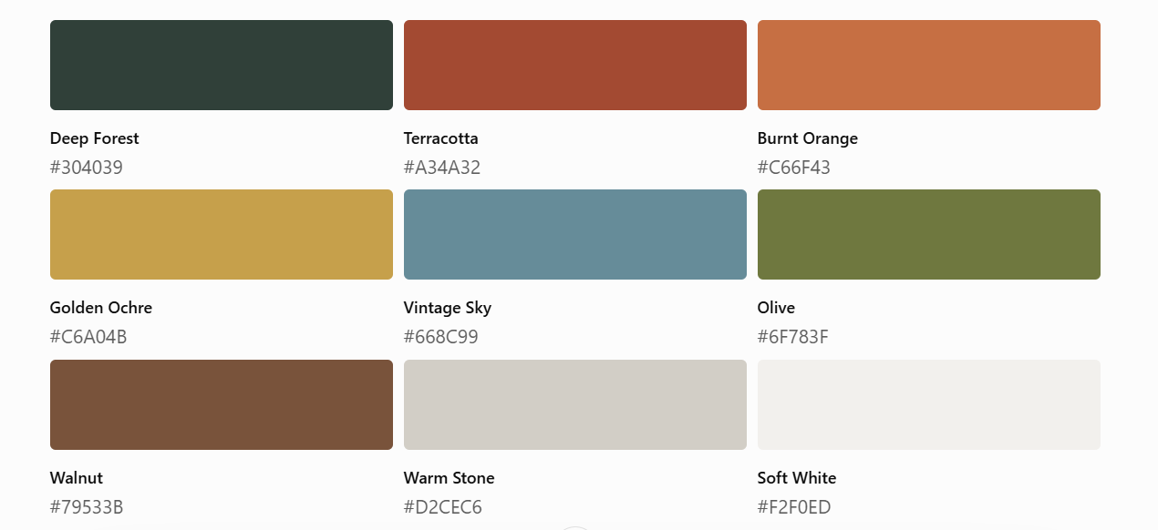 Color palette with nine colors labeled Deep Forest, Terracotta, Burnt Orange, Golden Ochre, Vintage Sky, Olive, Walnut, Warm Stone, and Soft White.