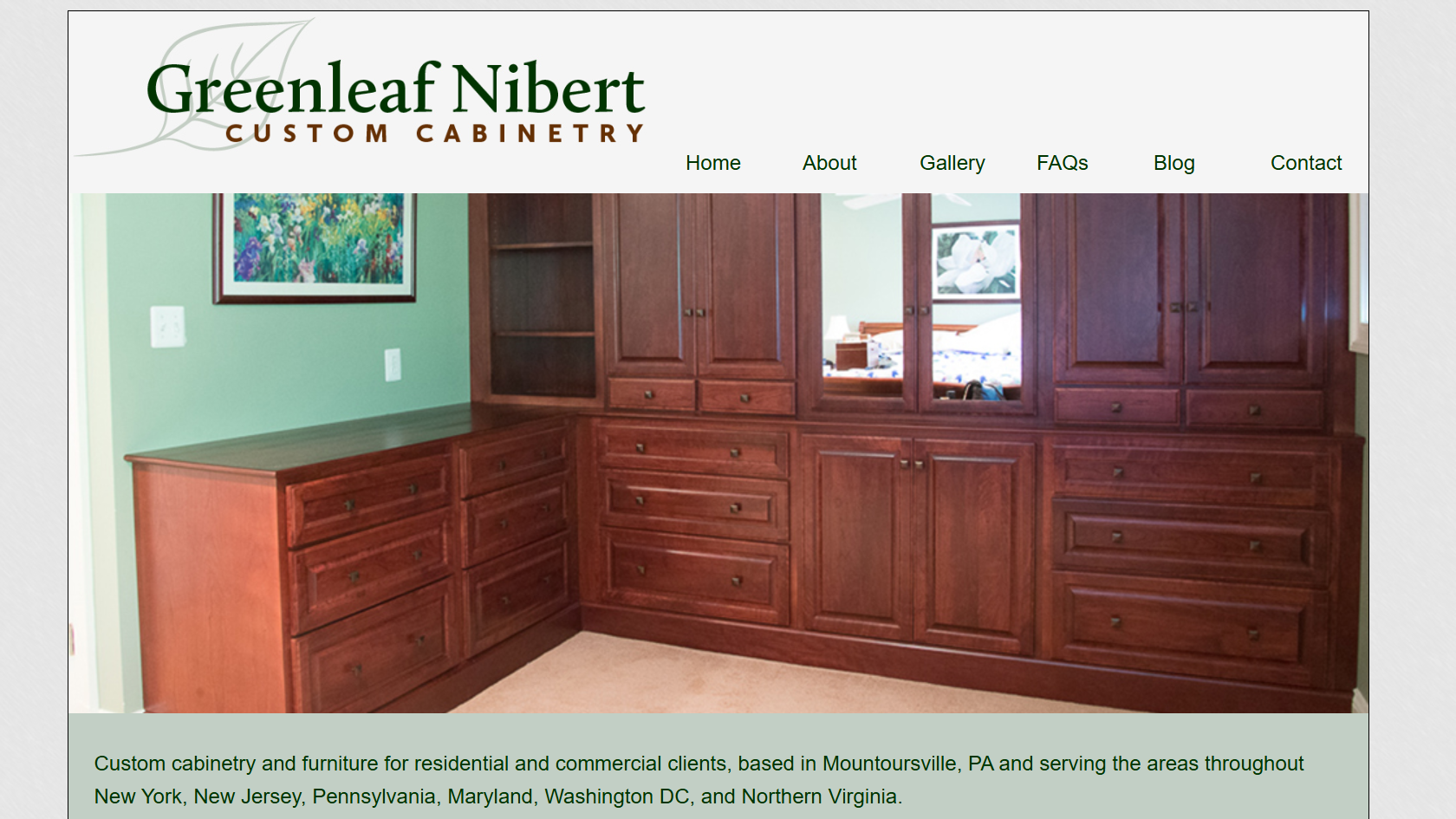 Screenshot of Greenleaf Nibert Custom Cabinetry website, showing a room with built-in wooden cabinet furniture, a framed artwork on a green wall, and a partial view of a bedroom in the background.
