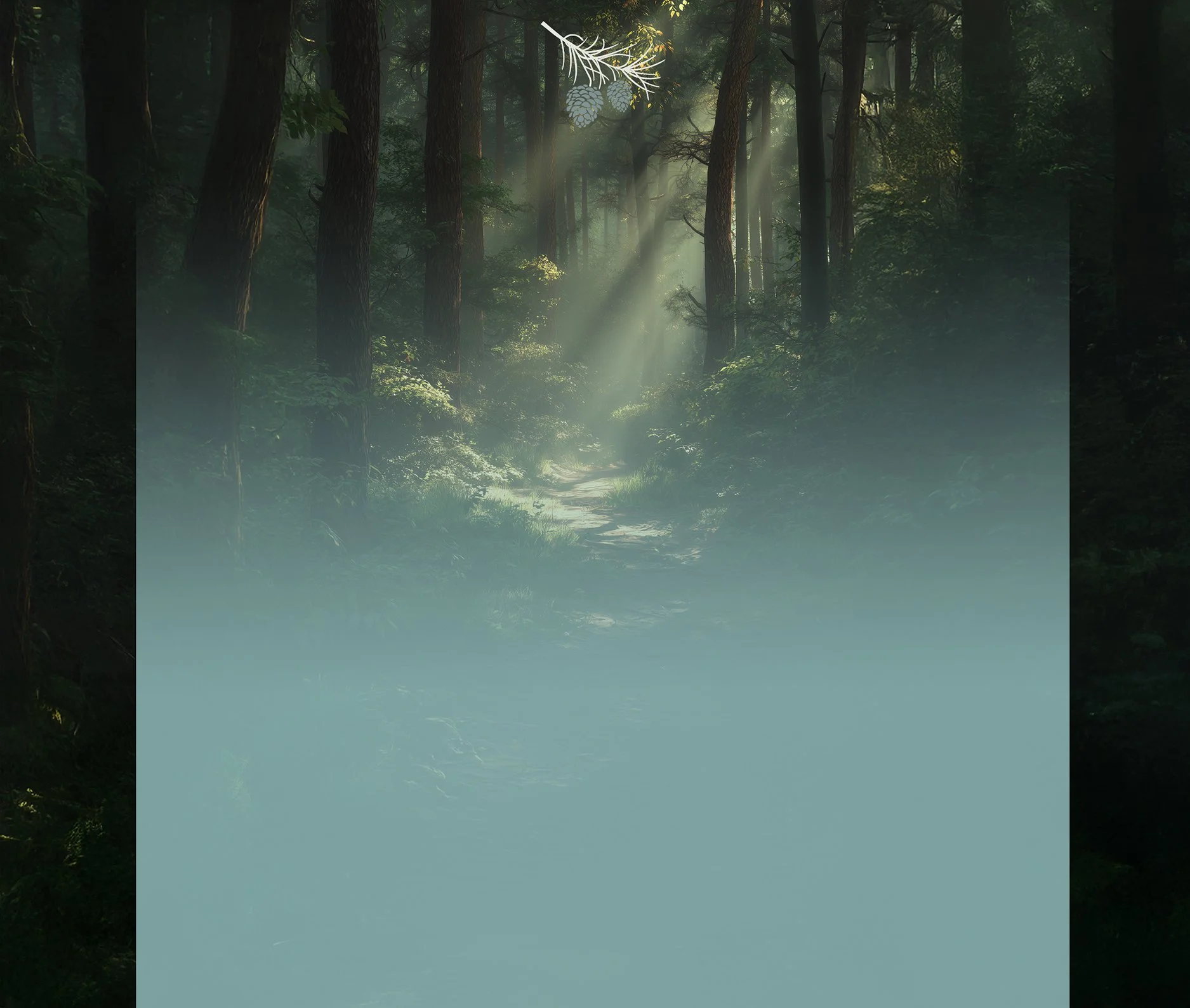 Sunlight filtering through tall trees in a misty forest, illuminating a narrow path.