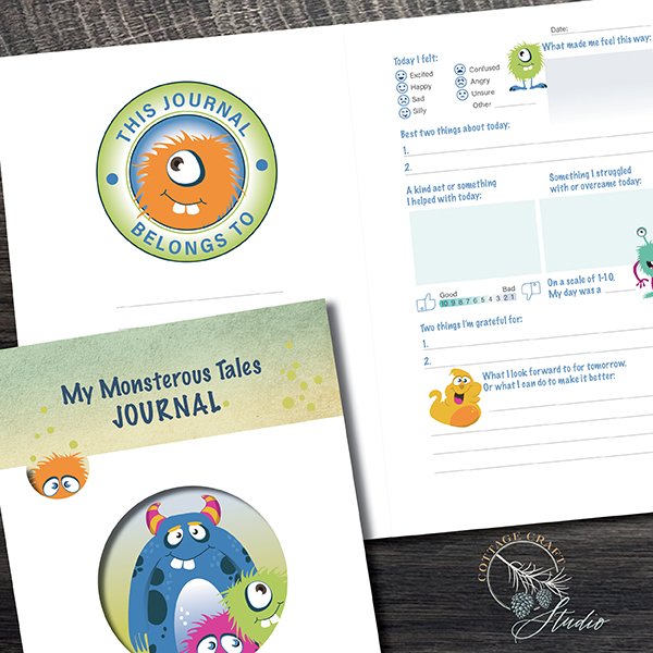 Close-up of a children's journal with colorful monster illustrations and a page for daily feelings and gratitude, along with a green monster sticker that says 'This Journal Belongs To'.