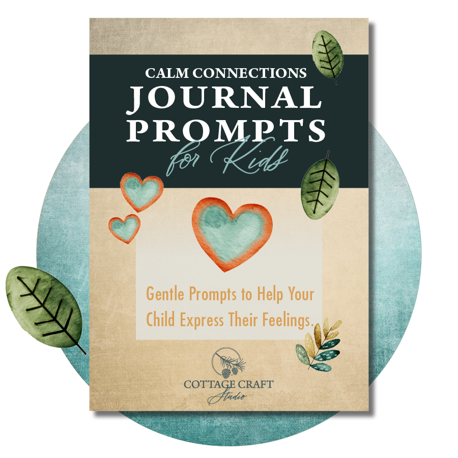 Cover of a children's journal prompt book titled "Calm Connections Journal Prompts for Kids" with watercolor hearts, leaves, and decorative elements in soft colors.