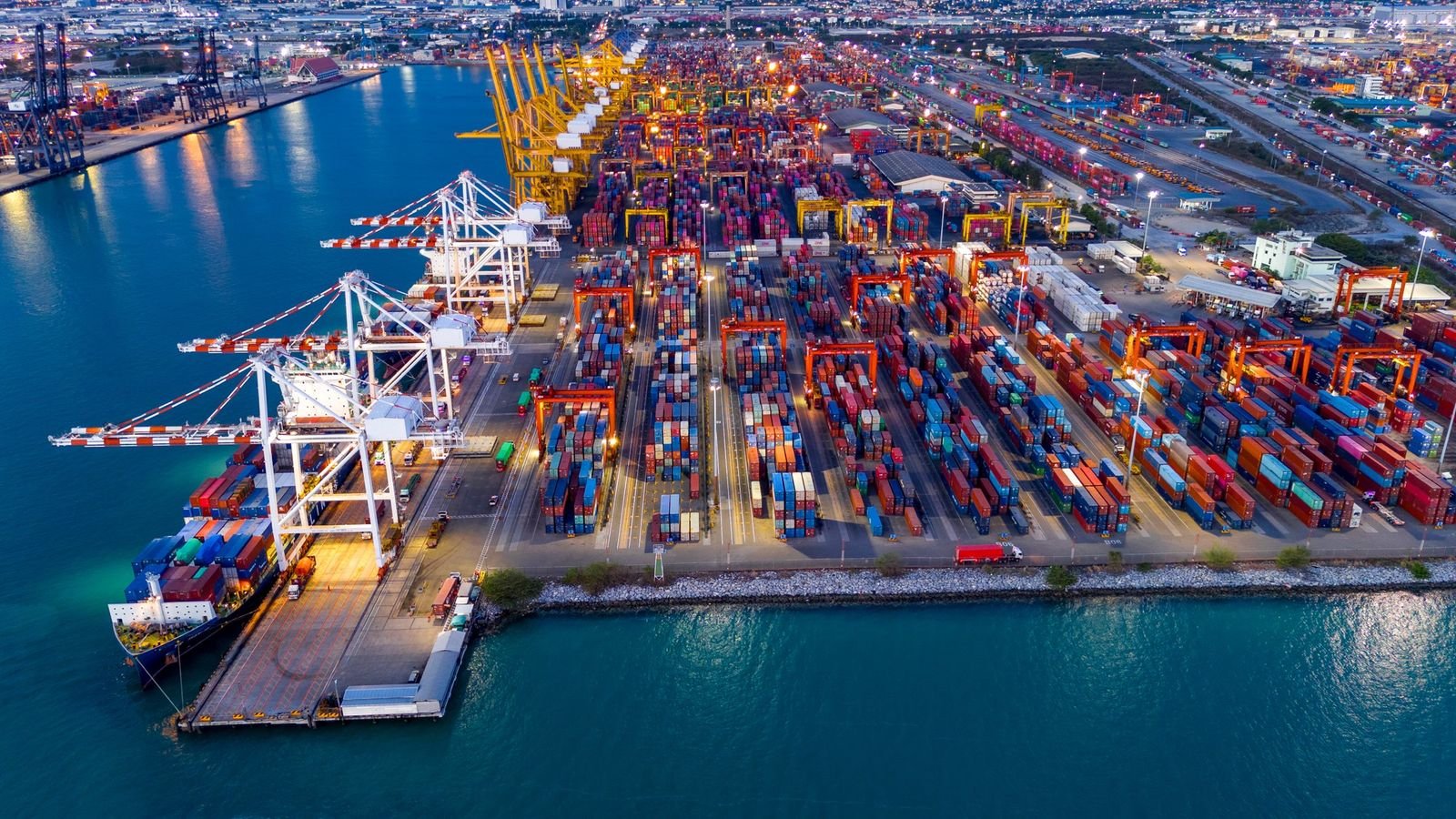 Aerial view of a container terminal at dusk