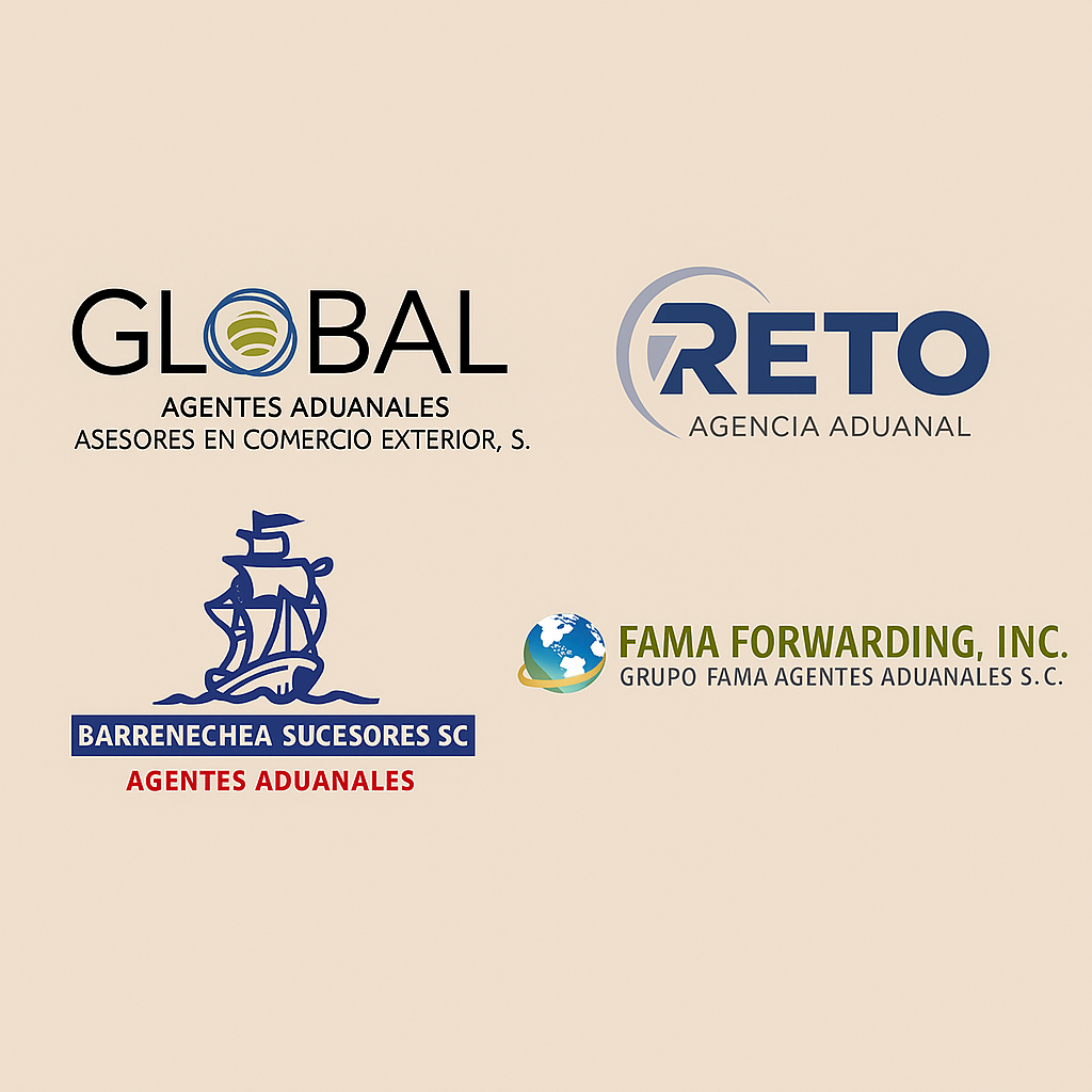 Family company logos: Global Agentes Aduanales, RETO Agencia Aduanal, Barrenechea Sucesores SC, and FAMA Forwarding Inc.