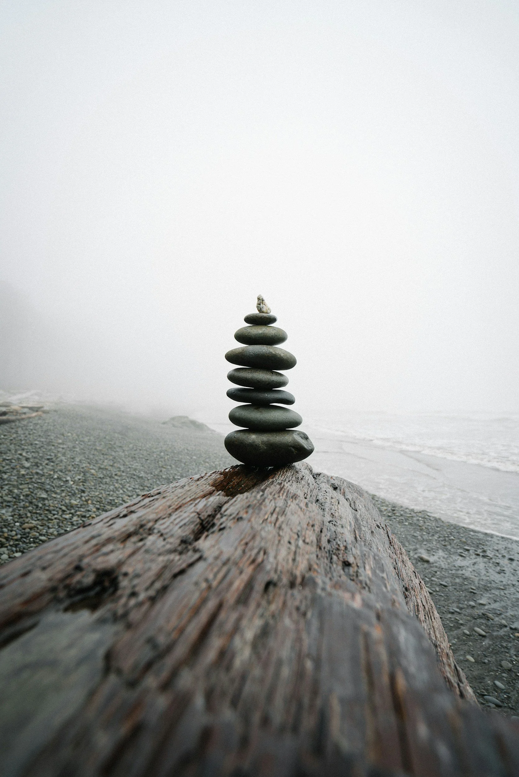Stack of balanced stones on driftwood by the beach with foggy background.