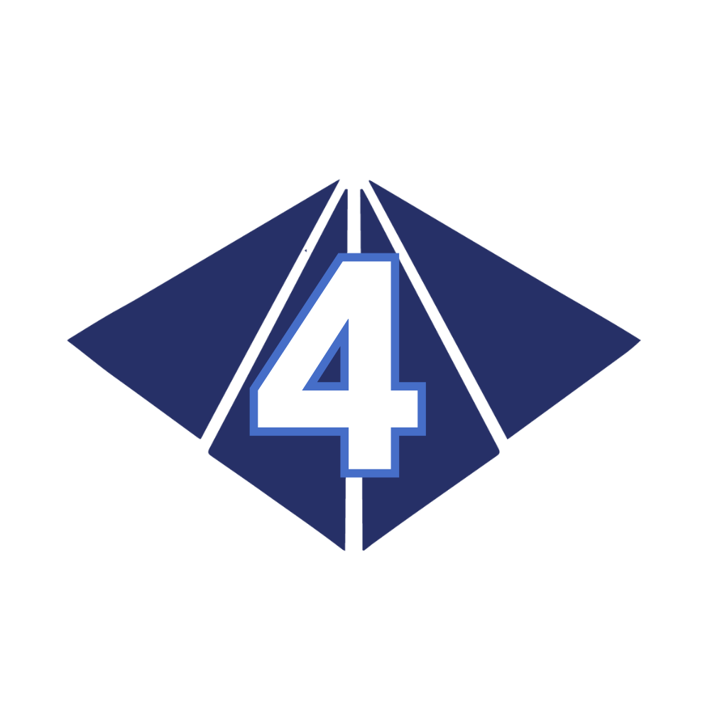 Blue logo with a white number 4 and a geometric design in the background.