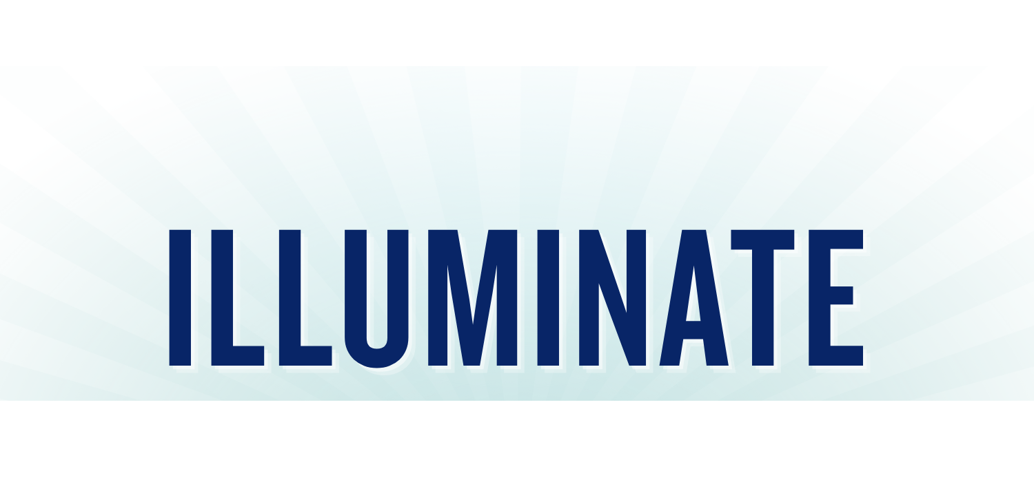 The word "ILLUMINATE" in bold blue and white text on a light blue background.