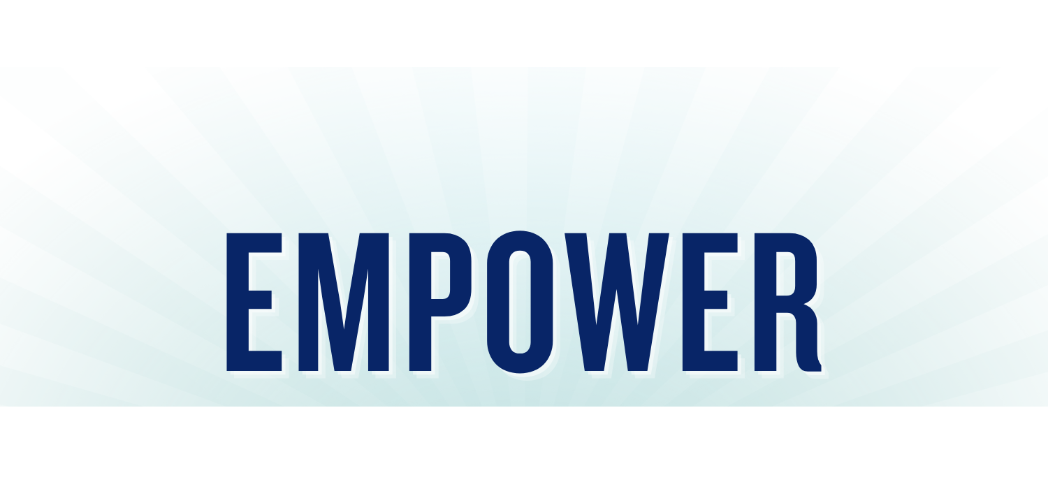 Text 'EMPOWER' in bold blue font on a light blue gradient background.