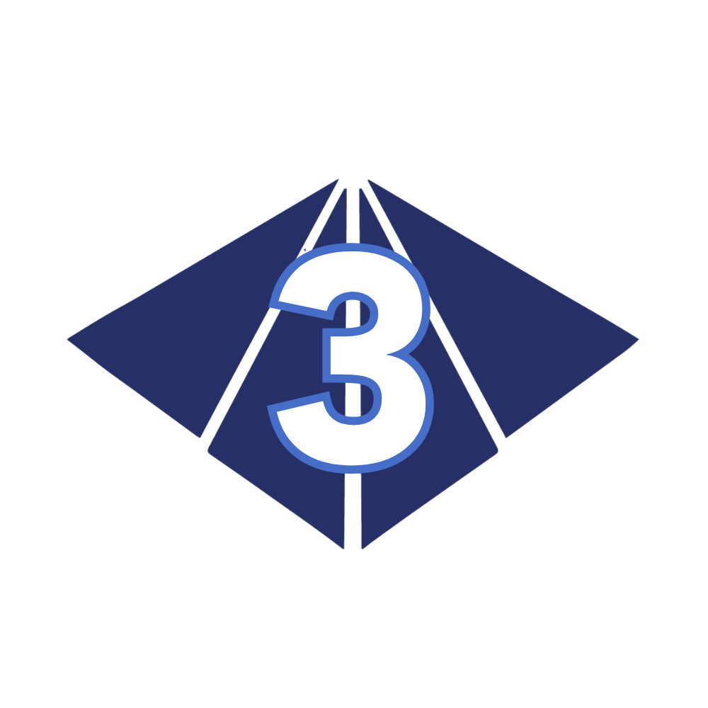blue geometric shape with a large white number 3 in the center