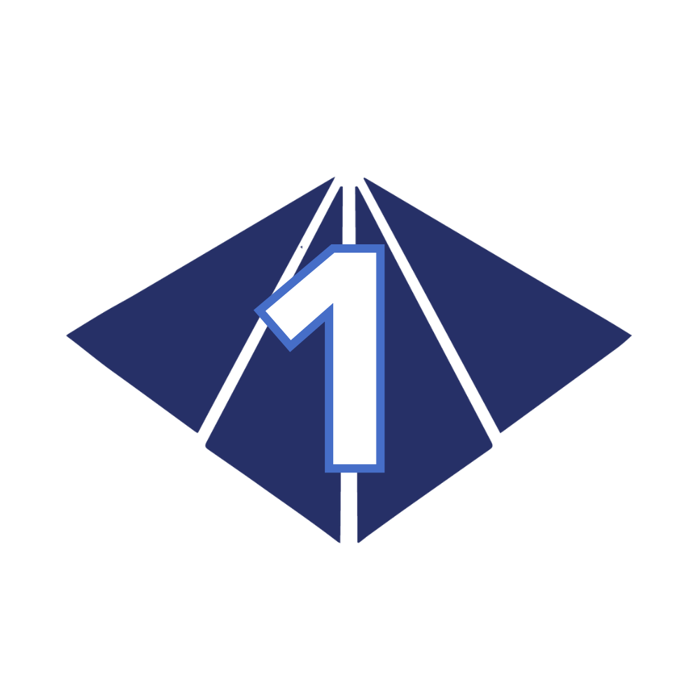 Blue and white abstract logo with a large number 1