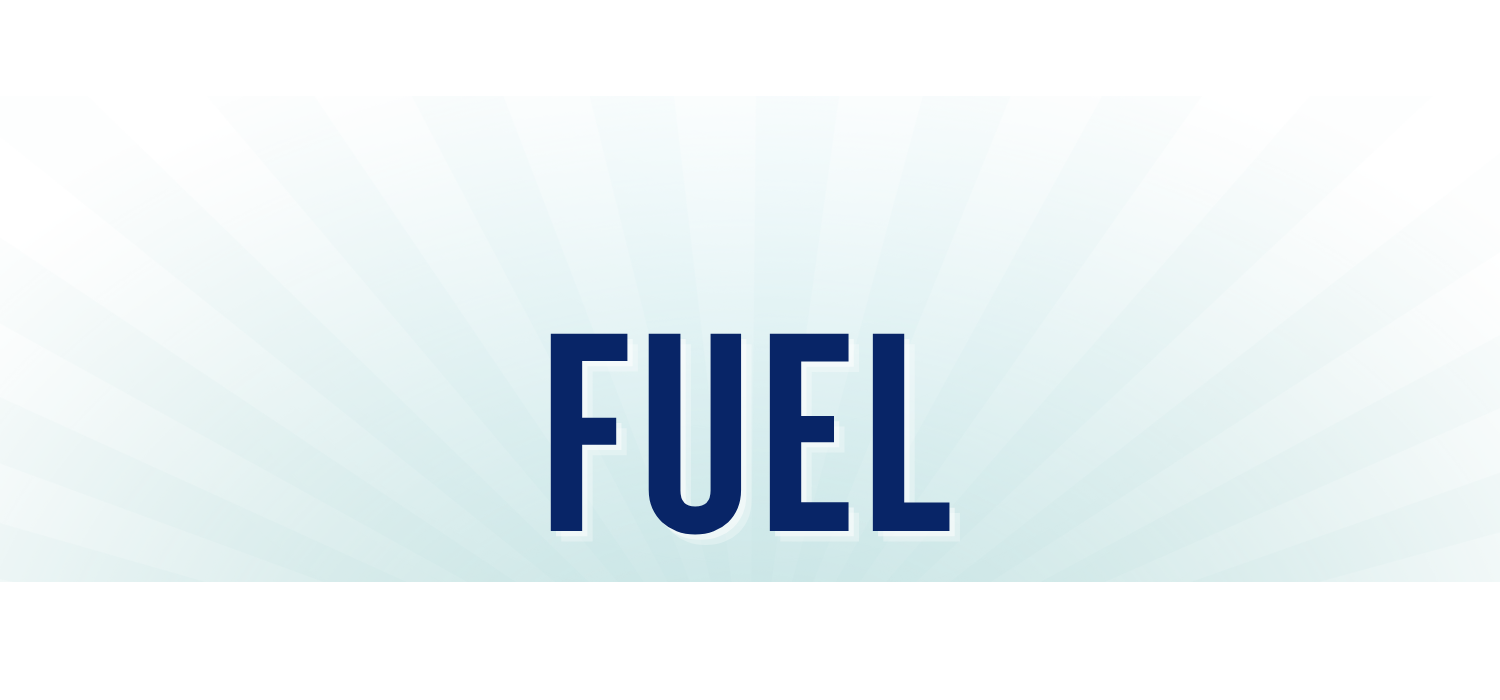 Word 'FUEL' in blue, stylized text with an aqua background, black corner accents.