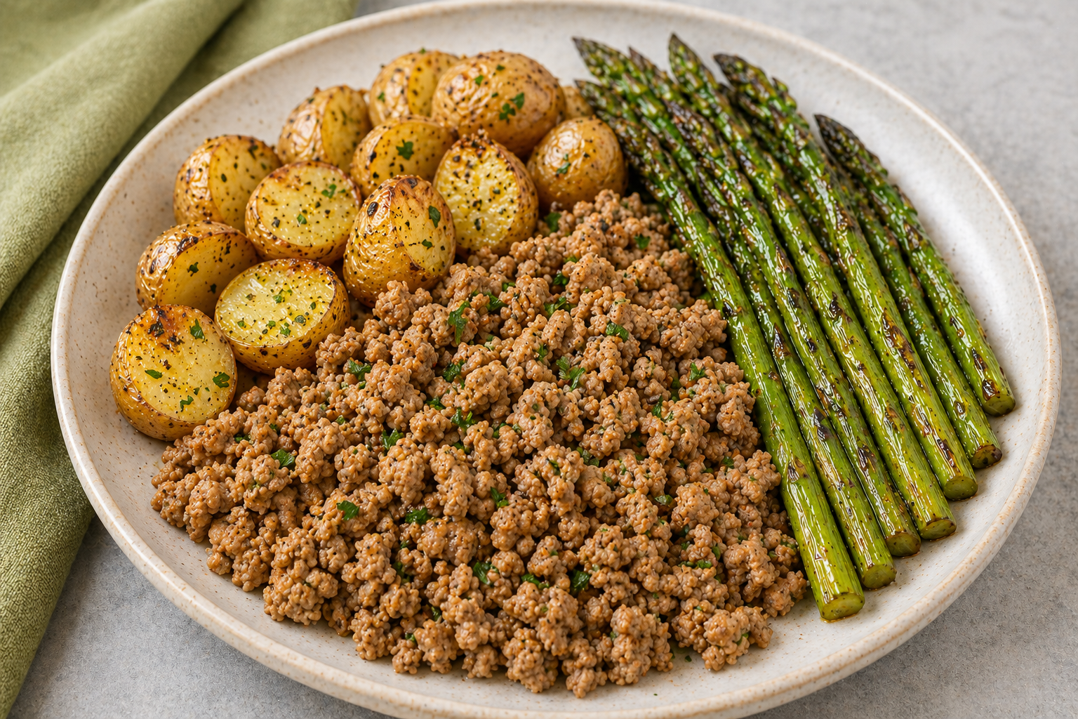 Ground Beef, Baby Potatoes &amp; Asparagus