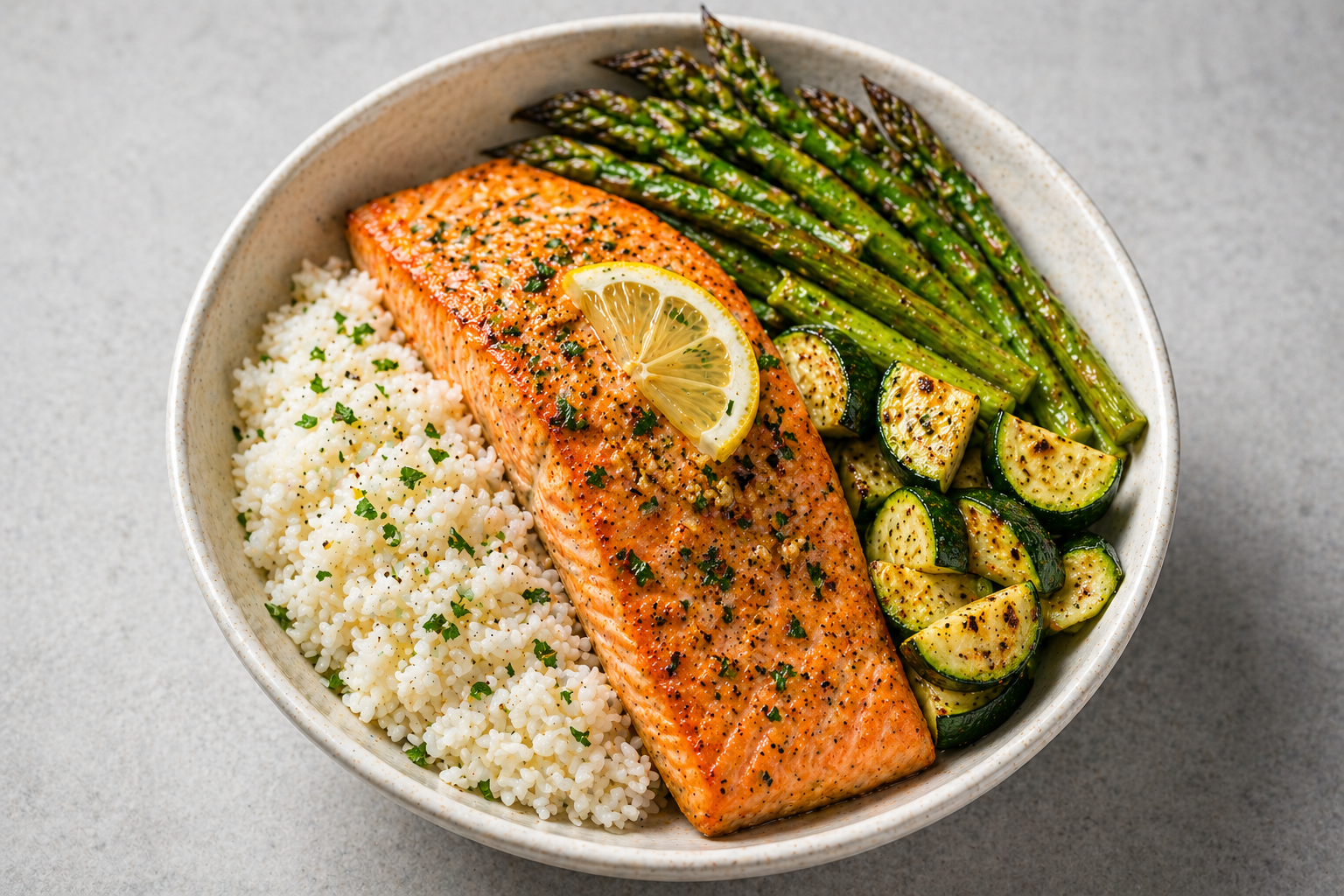Lemon Garlic Salmon, Rice &amp; Veggie Bowl