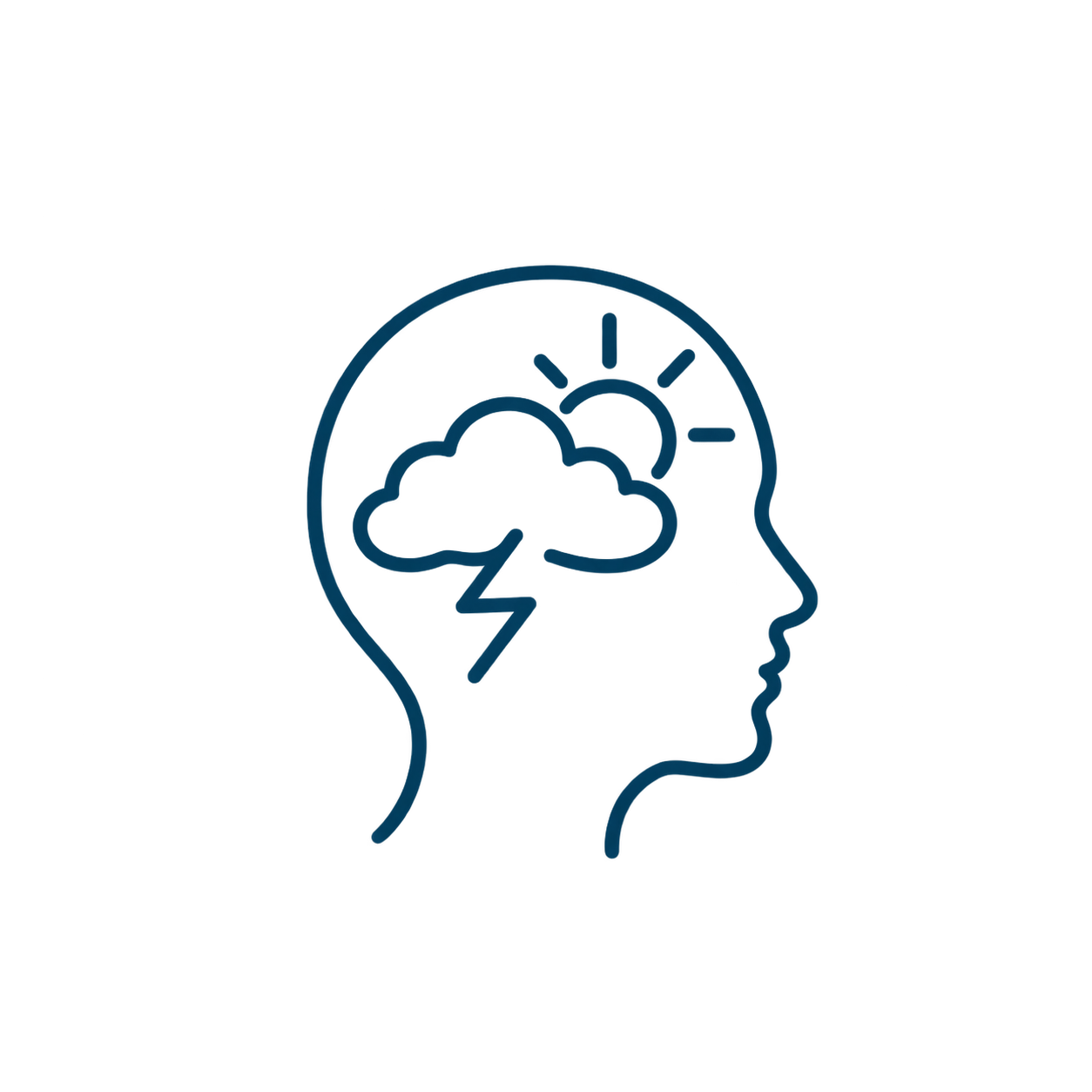 Head outline containing a storm cloud and emerging sun, representing trauma and recovery.