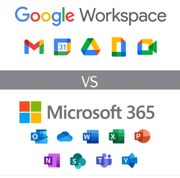 Comparison of Google Workspace apps, including Gmail, Calendar, Drive, Docs, and Sheets, versus Microsoft 365 apps like Outlook, OneDrive, Word, Excel, PowerPoint, and Teams.